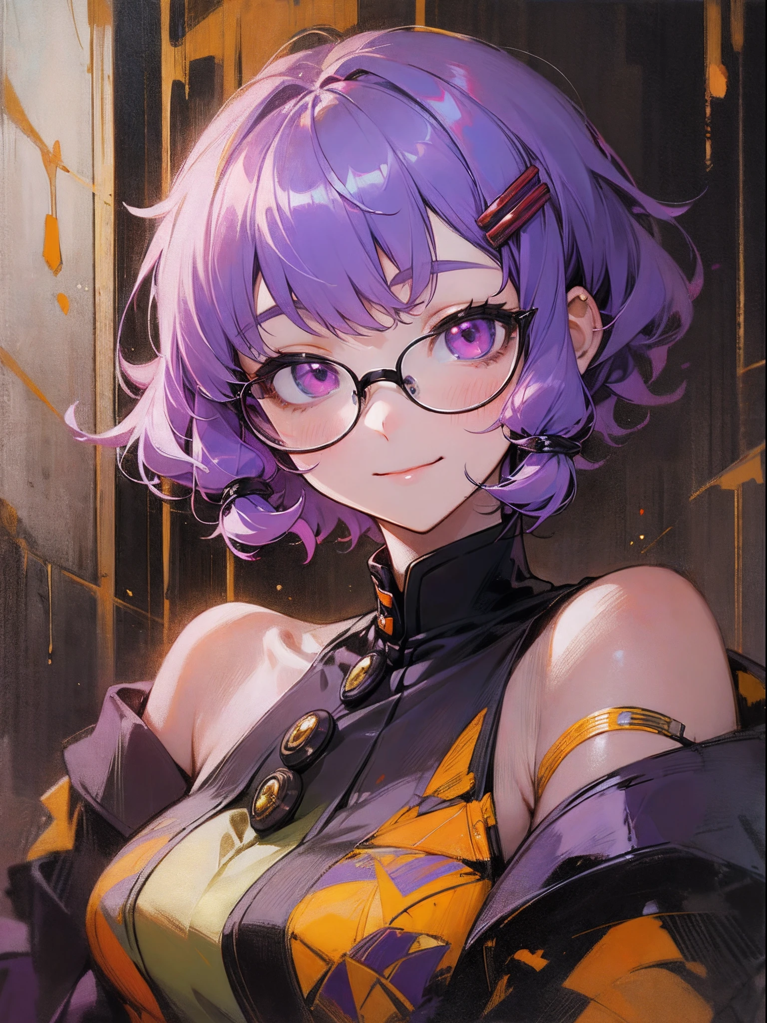 Single Portrait、infp young woman、Smile、Impression、(Oil Painting)、Green and orange tones、Yuzuki Yukari、Shiny lilac hair、Short hair、(Shining purple eye)、Black-rimmed glasses、hair pin、cowboy shot