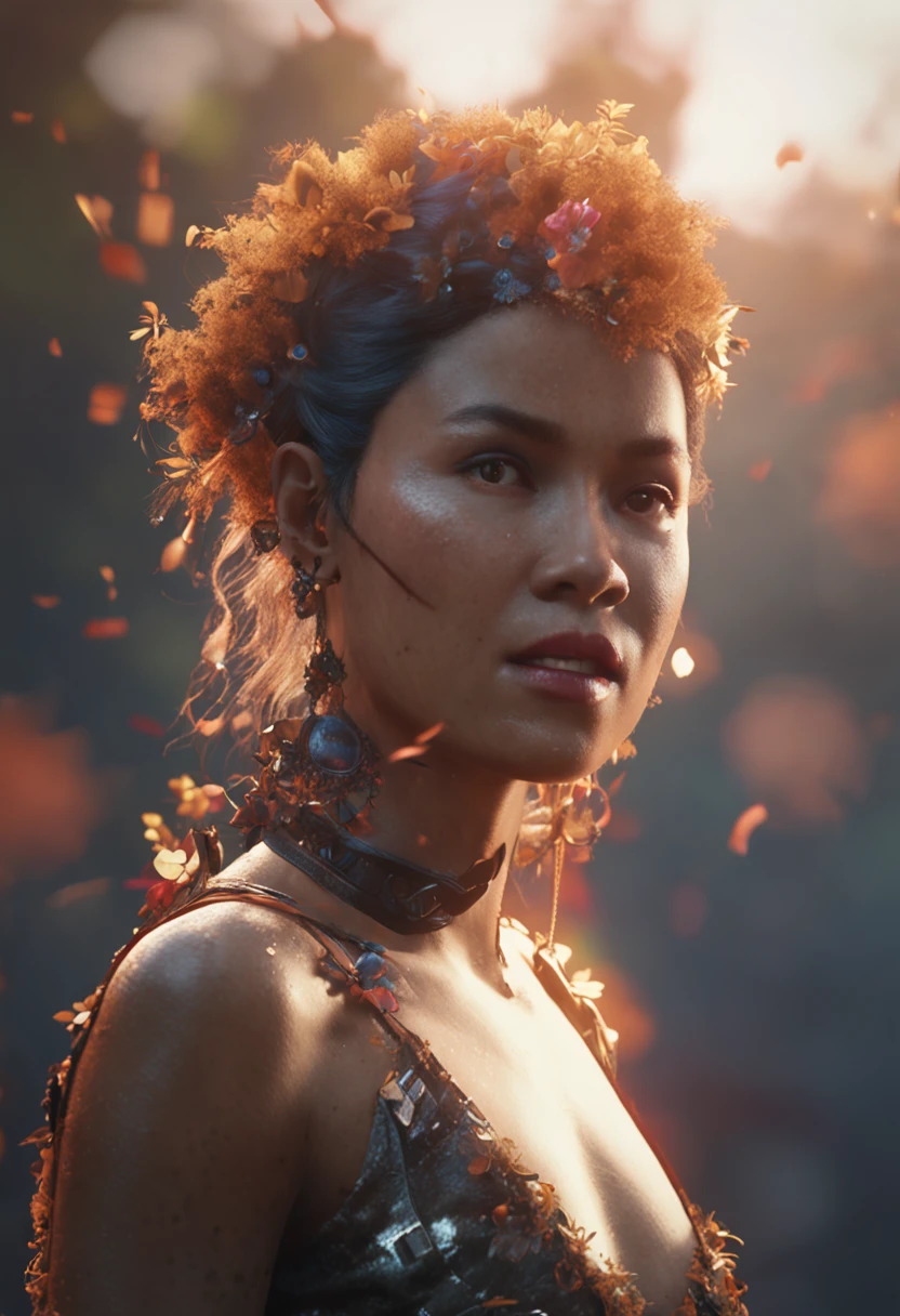 Sparkling electric eyes, in magical realistic with dark fire, asian, black lipstick, flowers on head, (half height:1.3) ultra realistic, hyper realistic, volumetric light, soft light, (bw:1.1), ((CryEngine 3))