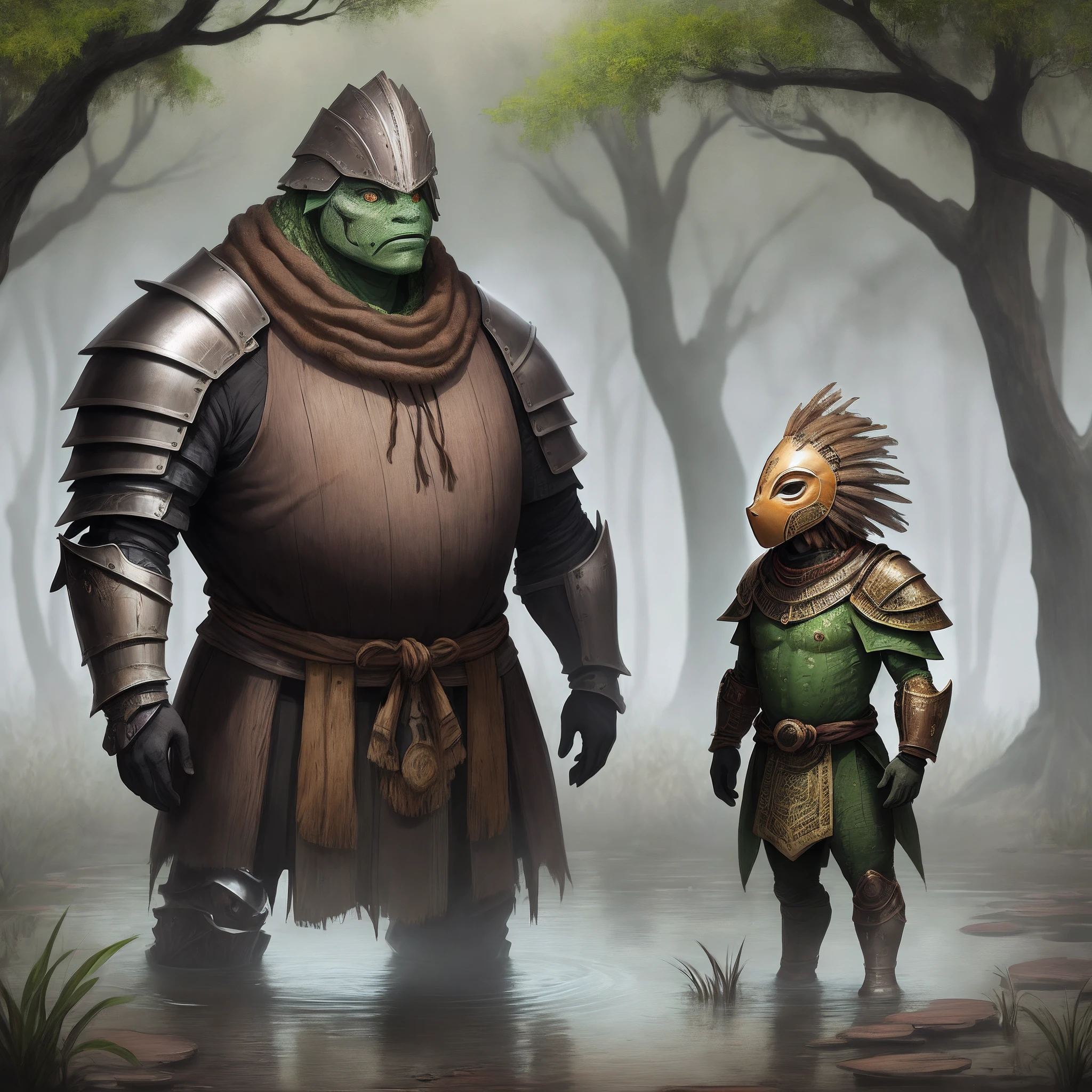 Creature that live in the swamp, human like, smaller then a human, has thin fog artound it, wears a massive but old armor out of wood, wears an afrikan wooden mask on his head,