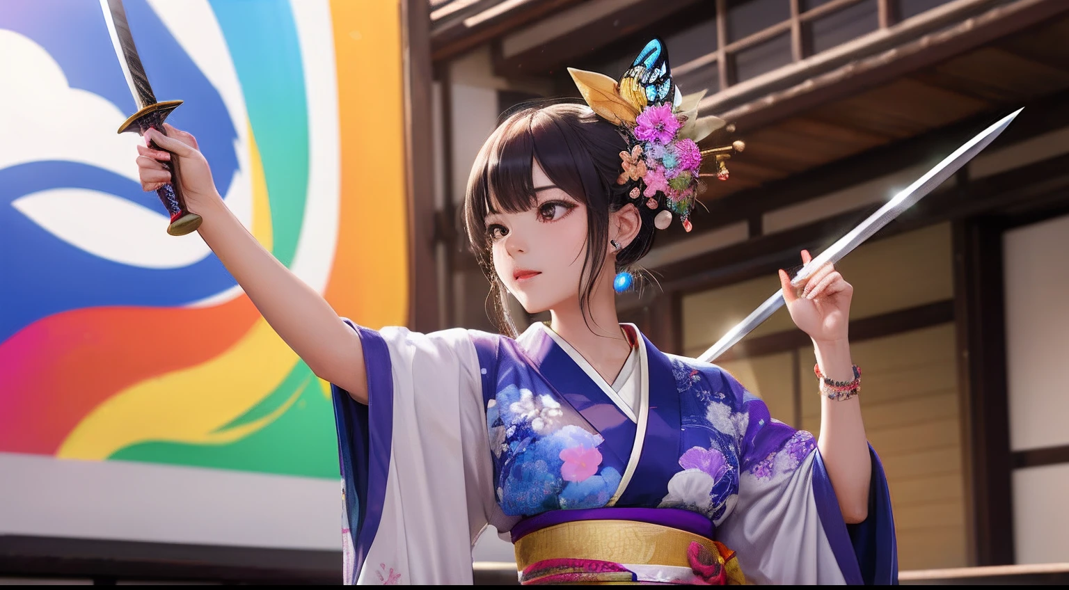 Octane Render、(Hyper-detailing: 1.15)、(Soft light、sharp: 1.2)、Photorealistic teenage girl、Practice dancing with a sword、Fine pattern Japan sword、ultradetailed eyes、Rainbow painting drops、Full Paint、Splash、Long color hair、Paint Kimono、Super luxury kimono、Rainbow Paint Kimono、（hair adornments、耳Nipple Ring、Floral hair ornament、butterfly hair ornament）、Sword Practice