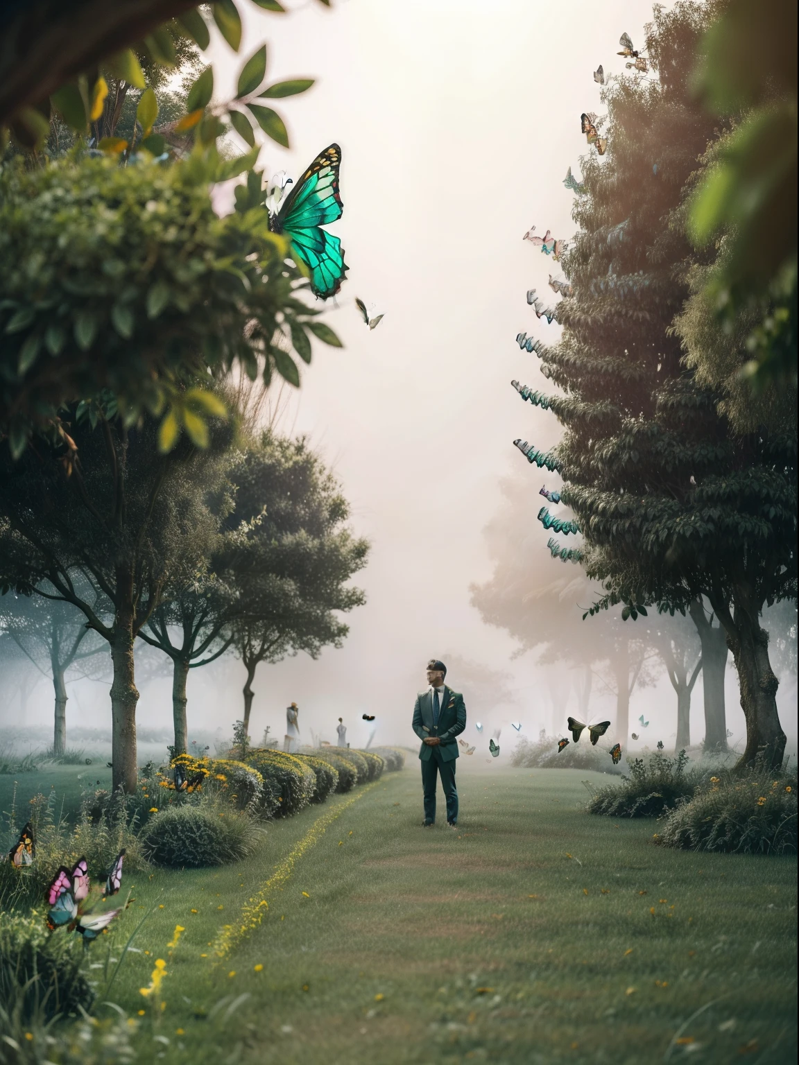 A man stands on a green grass，Thick fog behind，symetrical composition，Characters stand in a flock of butterflies，Butterflies surround people，Butterflies gather at the feet of the figures，Fly upwards，Many butterflies，symetrical composition，Many small butterflies，Flocks of butterflies fly，Photographic works，orthofacial，Photographic works，Exquisite details，High quality