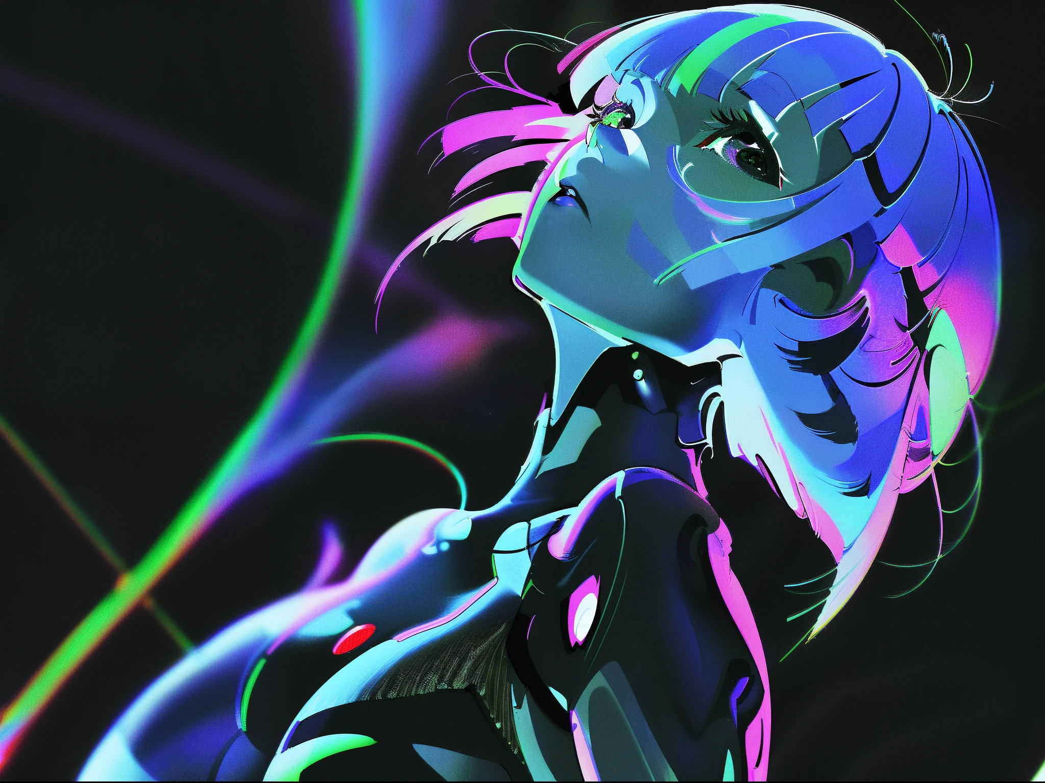 by yoneyama mai, 1girl, lucy \(cyberpunk\), solo, parted lips, short hair, looking at viewer, upper body, bangs, multicolored hair, bodysuit, cyberpunk, black background