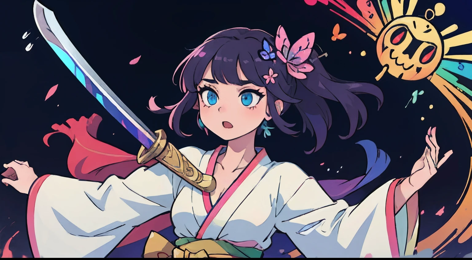 s girl、Practice dancing with a sword、Fine pattern Japan sword、full bodyesbian、ultradetailed eyes、Rainbow painting drops、Full Paint、Splash、Long color hair、Paint Kimono、Super luxury kimono、Rainbow Paint Kimono、(hair adornments、耳Nipple Ring、Floral hair ornament、butterfly hair ornament)、Sword Practice
