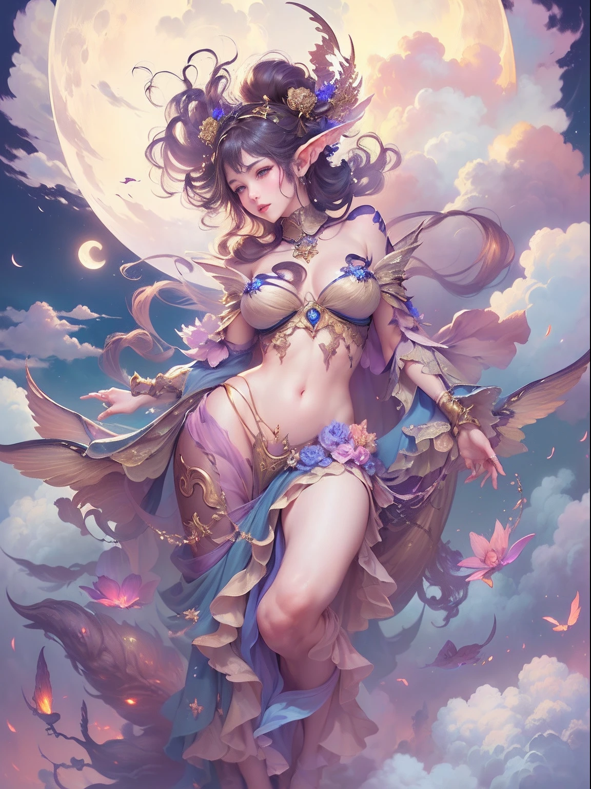 SEX、A sexy、teats、Beautie、((masterpiece))、detail portrayal、seductive succubus、Fantastic beauty、Float above the clouds、(fantasy illustrations:1.3)、Pose Seductive、Delicate wings、Otherworldly charm、mystical sky、(Yoshitaka Amano:1.1)、Moon Night、Soft colors、(detailed cloudscape:1.3)、(hight resolution:1.2)