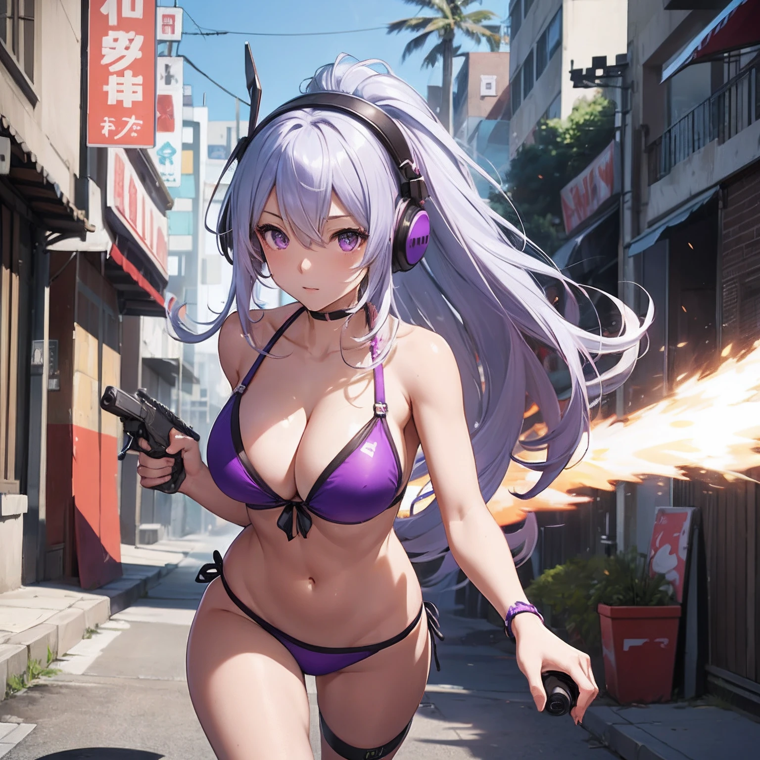 hiquality、Girl in sexy bikini swimsuit running、explosions、loimu、story、big explosion、Cyber Headphones、Silvery hair、poneyTail、Purple Eyes、Super explosion、Have a gun、Street、large full breasts、bustup
