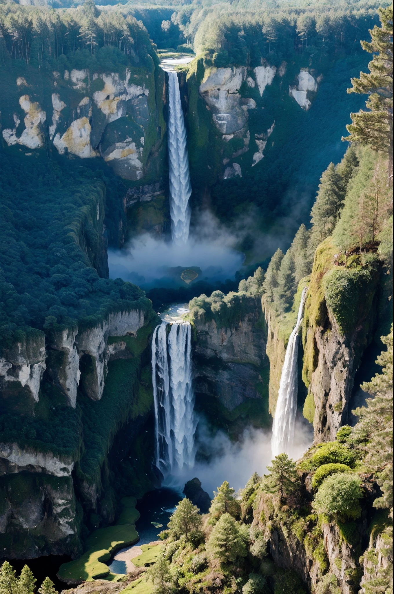 Flying on the cliff, above the very high waterfall, look down on the fluctuating pond, high sunlight, blue sky, white cloud, birds, forest, trees, 8K, masterpiece, best quality, high resolution, extremely full detailed