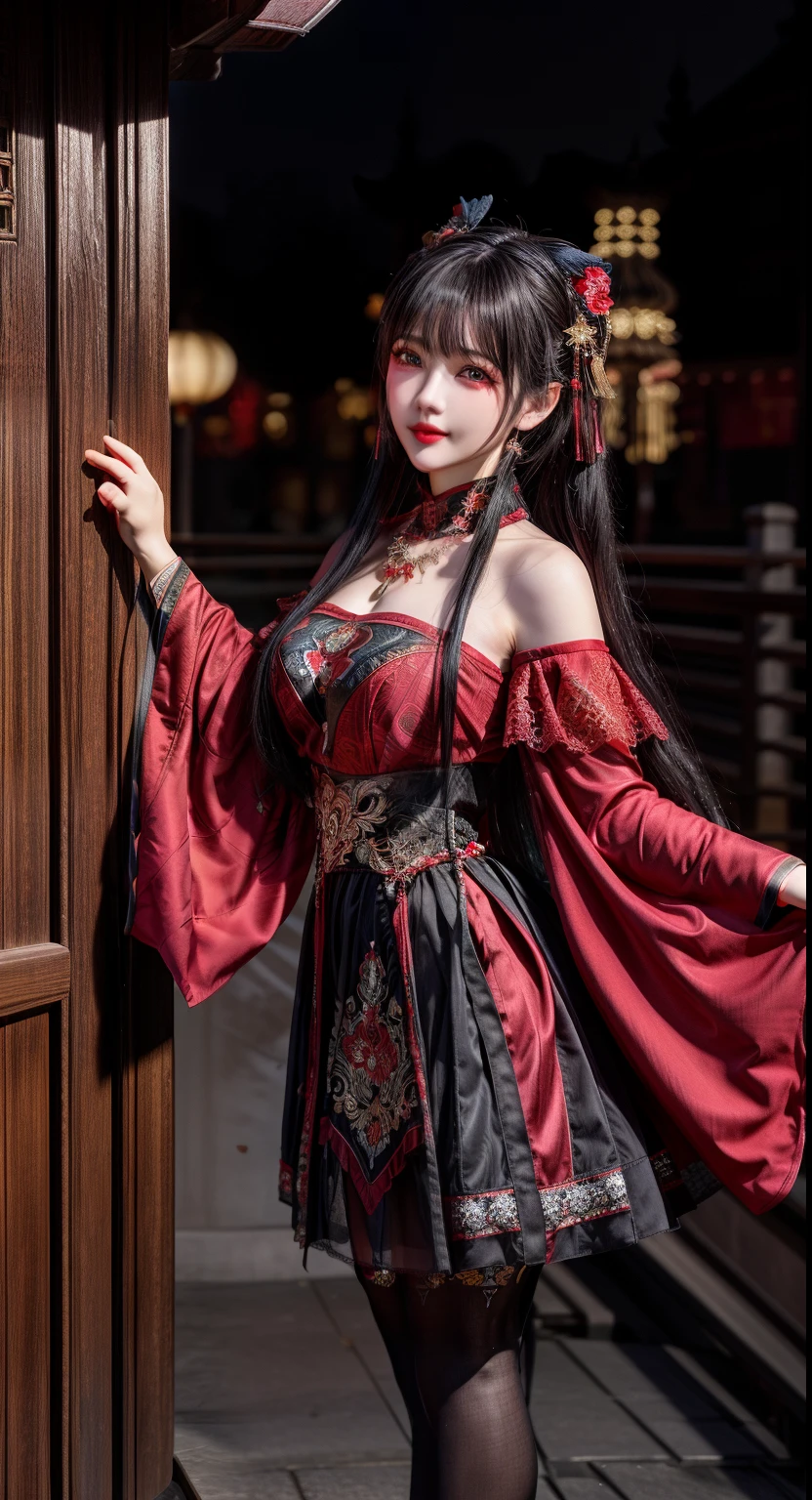 best quality，master piece，High resolution，(beautiful face)，looking at the viewer，Are standing，（（Half body）），Hands in gloves，right arm hanging down、((red lace dress))