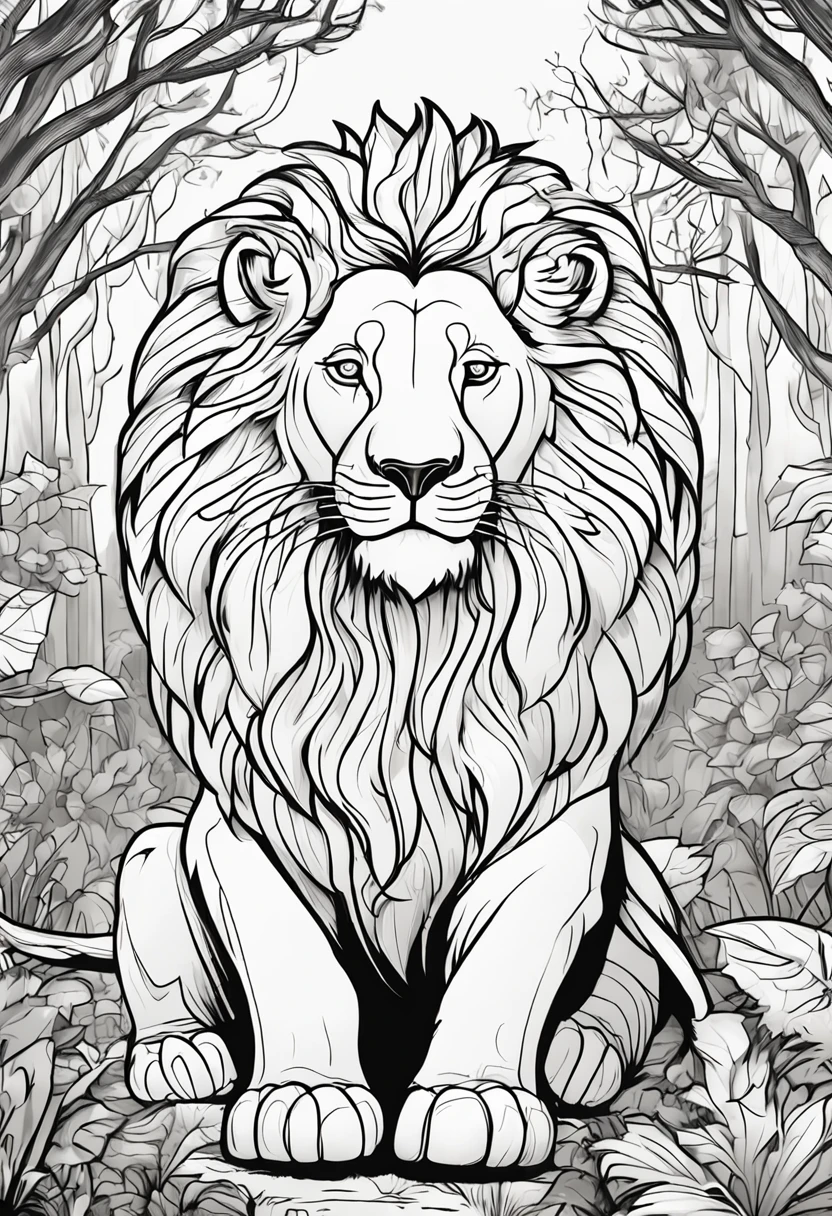 Lion coloring book in the forest,Cartoon style,thickline,color no,white backgrounid,Dash only