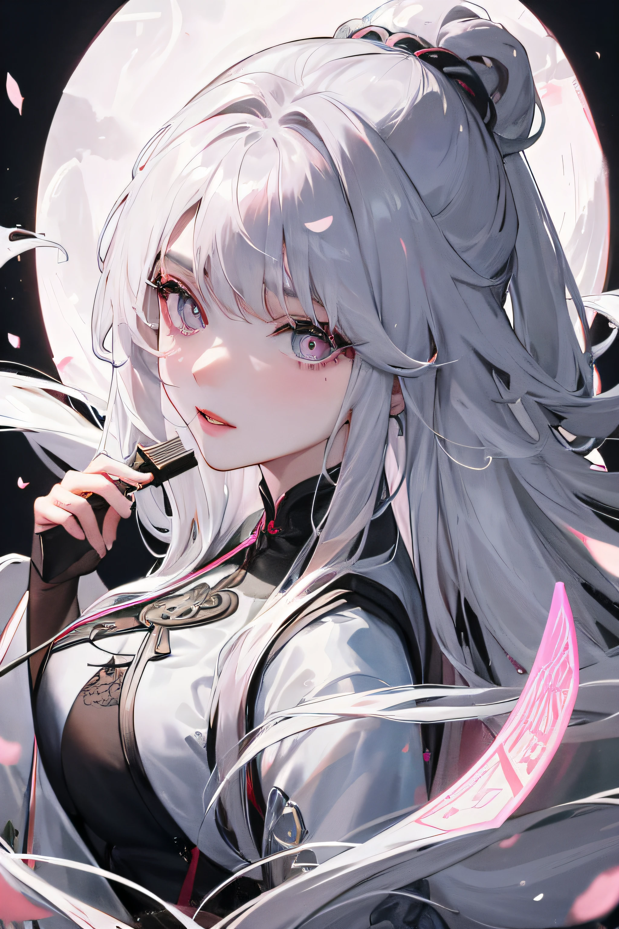 8K, Masterpiece, Best quality, Night, full moon, 1 girl, Chinese style, Chinese architecture, Mature woman, sister, Silver white long haired woman, Long hair, Light pink lips, calm, logical, bangs, Gray pupils, assassins, Fan, Knife fan, petal dancing, Delicate face,