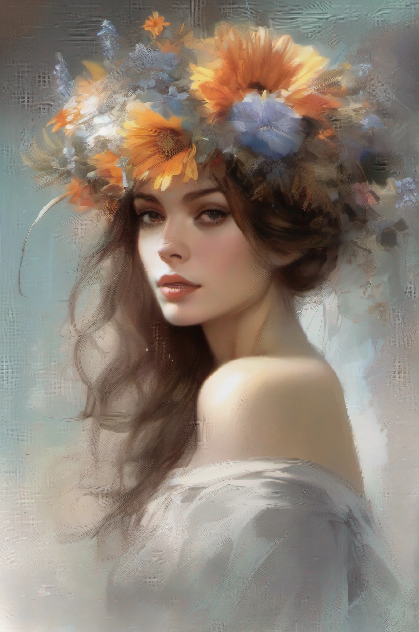 Portrait of painting of a woman. On the head a wreath of wildflowers. Pencil sketches by Krzysztof Lukasiewicz,Razumov and Volegov art, enchanting, full color, full-length beautiful woman sticker, highly detailed beautiful face, freedom, soul, digital illustration, approaching perfection, dynamic, highly detailed, watercolor, artstation, concept art, smooth.sharp focus, illustrations in the style of artists such as Russ Mills, Sakimichan, Vlop, Loish,Artgerm, Darek Zabrocki and Jean-Baptiste Monge