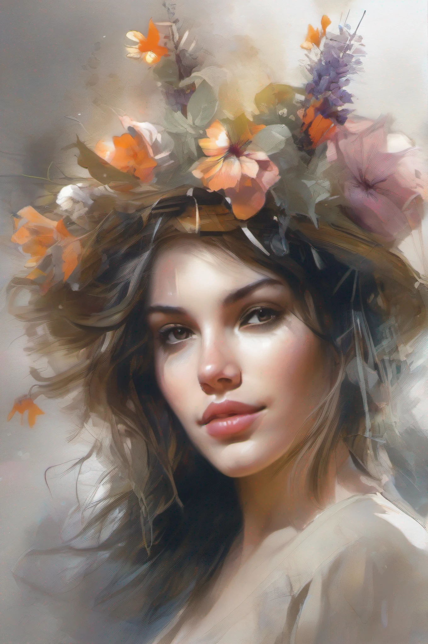 Portrait of a woman in a painting. On his head is a wreath of wildflowers. Pencil sketches by Krzysztof Łukasiewicz,Creativity of Razumov and Voloegov, fascinating, Full color, Full-size beautiful women's sticker, highly detailed beautiful face, freedom, showering, digital illustration art, approaching perfection, dynamic, Highly detailed, watercolour, Artstation, Concept art, Smooth.sharp-focus, illustrations in the style of such artists, as Russ Mills, sakimichan, WLOP, loish,artgerm, Darek Zabrotzky and Jean-Baptiste Monge