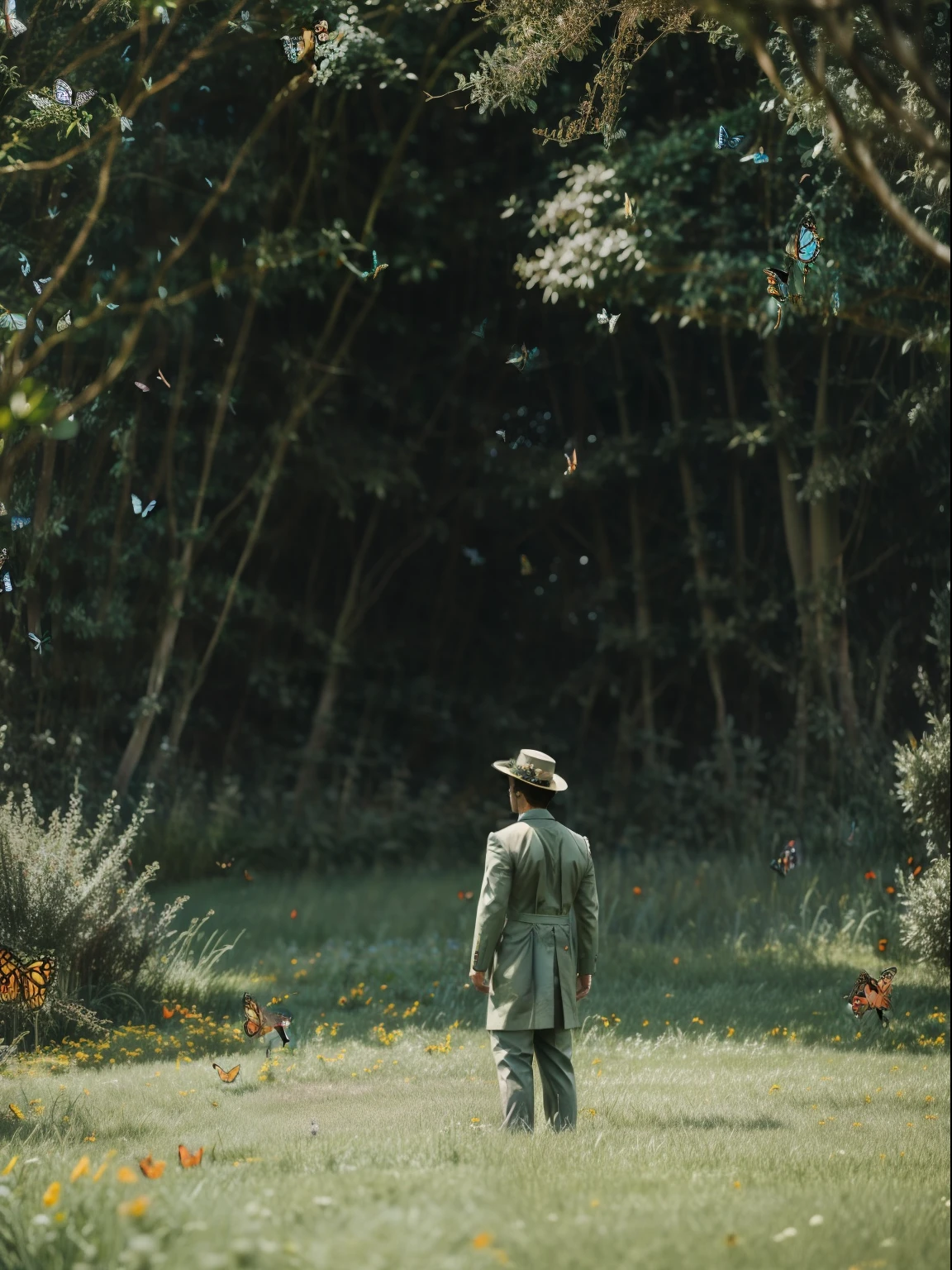 One stands on green grass，One man only，It's surrounded by butterflies，Close-up of characters，orthofacial，There is a thick fog behind it，symetrical composition，Characters stand in a flock of butterflies，Butterflies surround people，Many butterflies，symetrical composition，Flocks of butterflies fly，Photographic works，Photographic works，Exquisite details，High quality