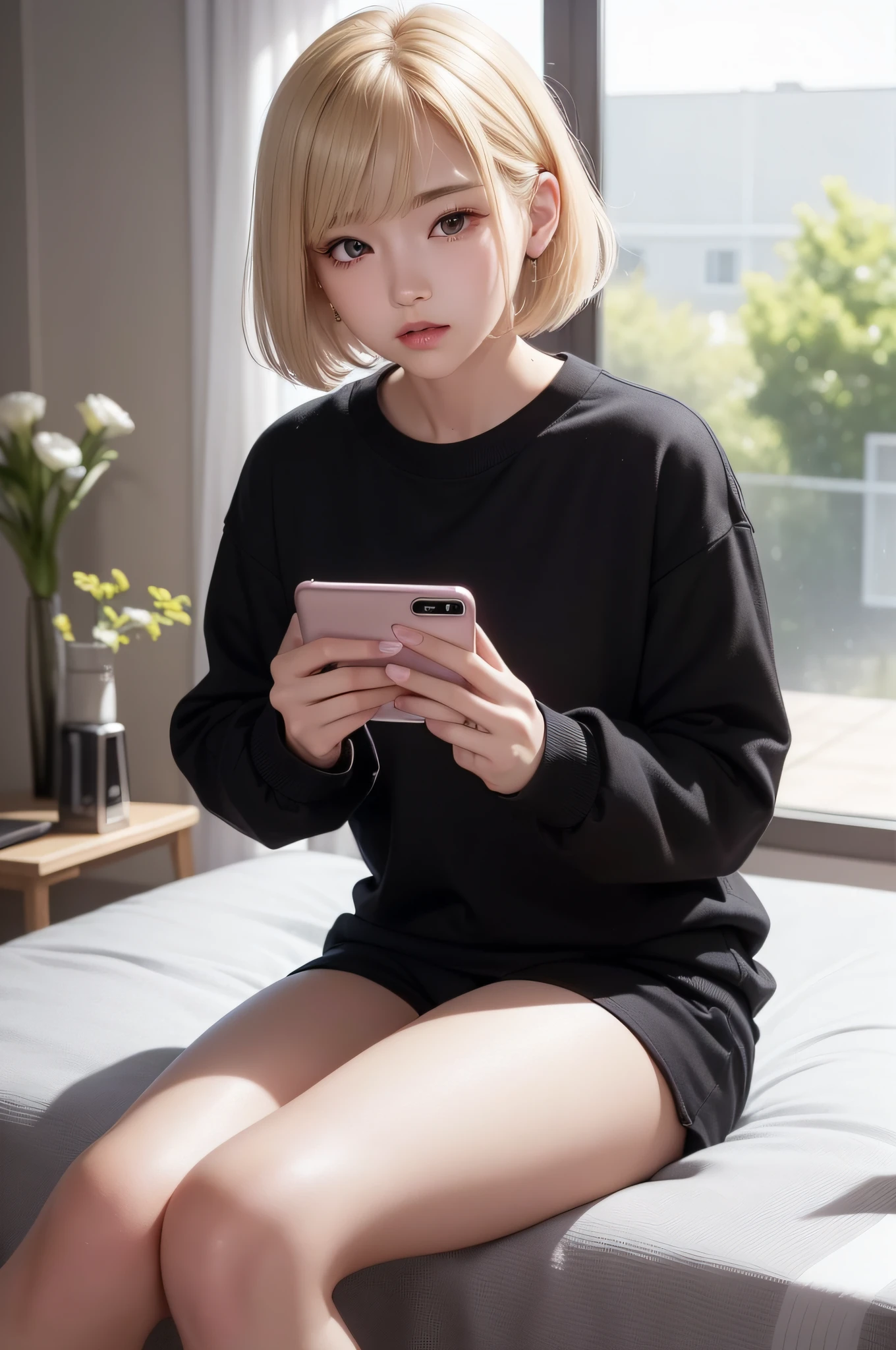 (8k、RAW Photos、Photorealsitic:1.25)、(lipgloss、eye lashes、Shiny face、shinny skin、best qualtiy、超A high resolution、depth of fields、chromatic abberation、Caustics、Wide range of lighting、Natural shading、Kpop Idle) The viewer looks calm and goddess-like with a sense of happiness、(1 pretty girl、Lori、18year old、college aged、a blond)、(((Short Bob Hair、Bangs)))、(Discovered faces、wonderment、startled、a smile)、((Fashionable、Red sweatshirt、long-sleeve、Sweat shorts))、((((full bodyesbian)))、watching  smartphone、Holding a smartphone in your right hand、Surprised face looking at smartphone、Gaze on smartphones、Blonde woman in red and black sweatshirt sitting on bed