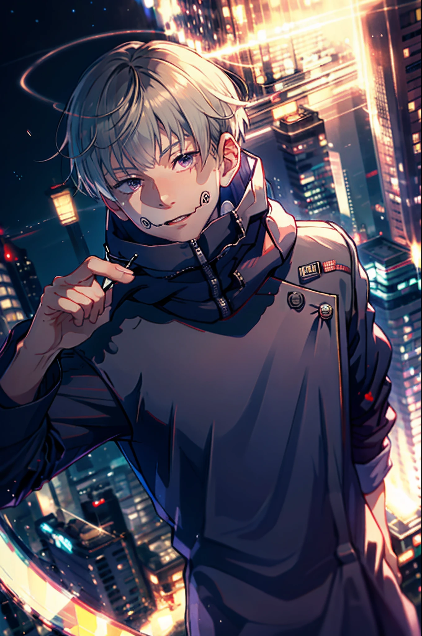 (masterpiece, best quality:1.2), cowboy shot, solo, male focus, 1boy, gojo satoru, smile, hands in pockets, blindfold, black jacket