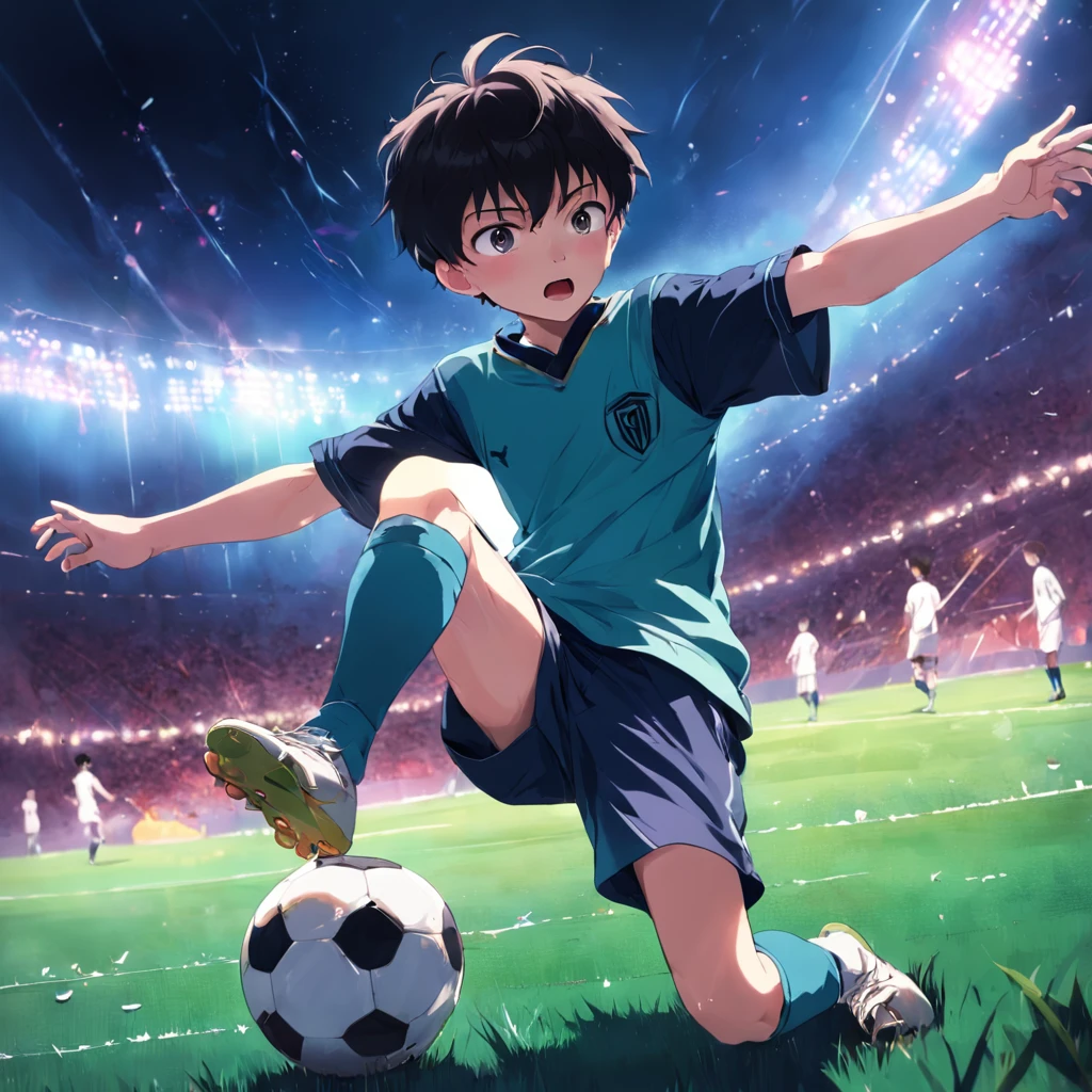 A young boy passionately playing soccer.