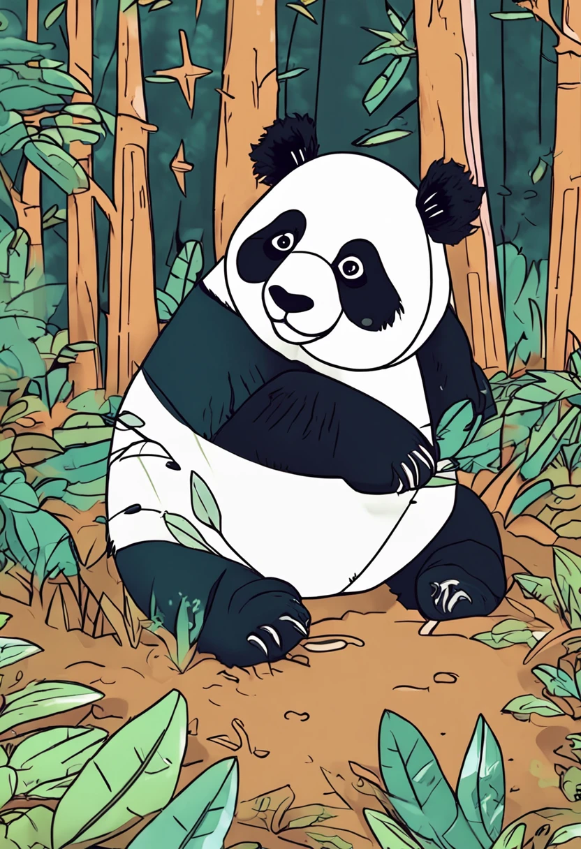 Panda coloring book in the forest,Cartoon style,thickline,color no,white backgrounid,Dash only