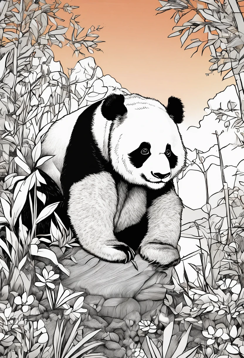 Panda coloring book in the forest,Cartoon style,thickline,color no,white backgrounid,Dash only