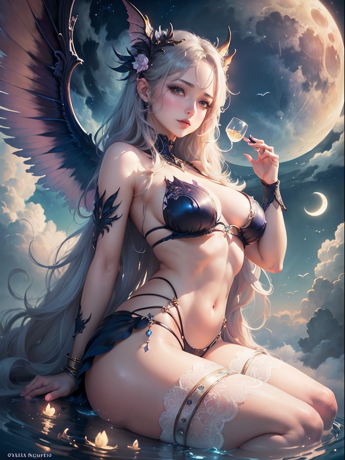 SEX、A sexy、teats、Beautie、((masterpiece))、detail portrayal、seductive succubus、Fantastic beauty、Float above the clouds、(fantasy illustrations:1.3)、Delicate wings、Otherworldly charm、mystical sky、Moon Night、Soft colors、(detailed cloudscape:1.3)、(hight resolution:1.2)