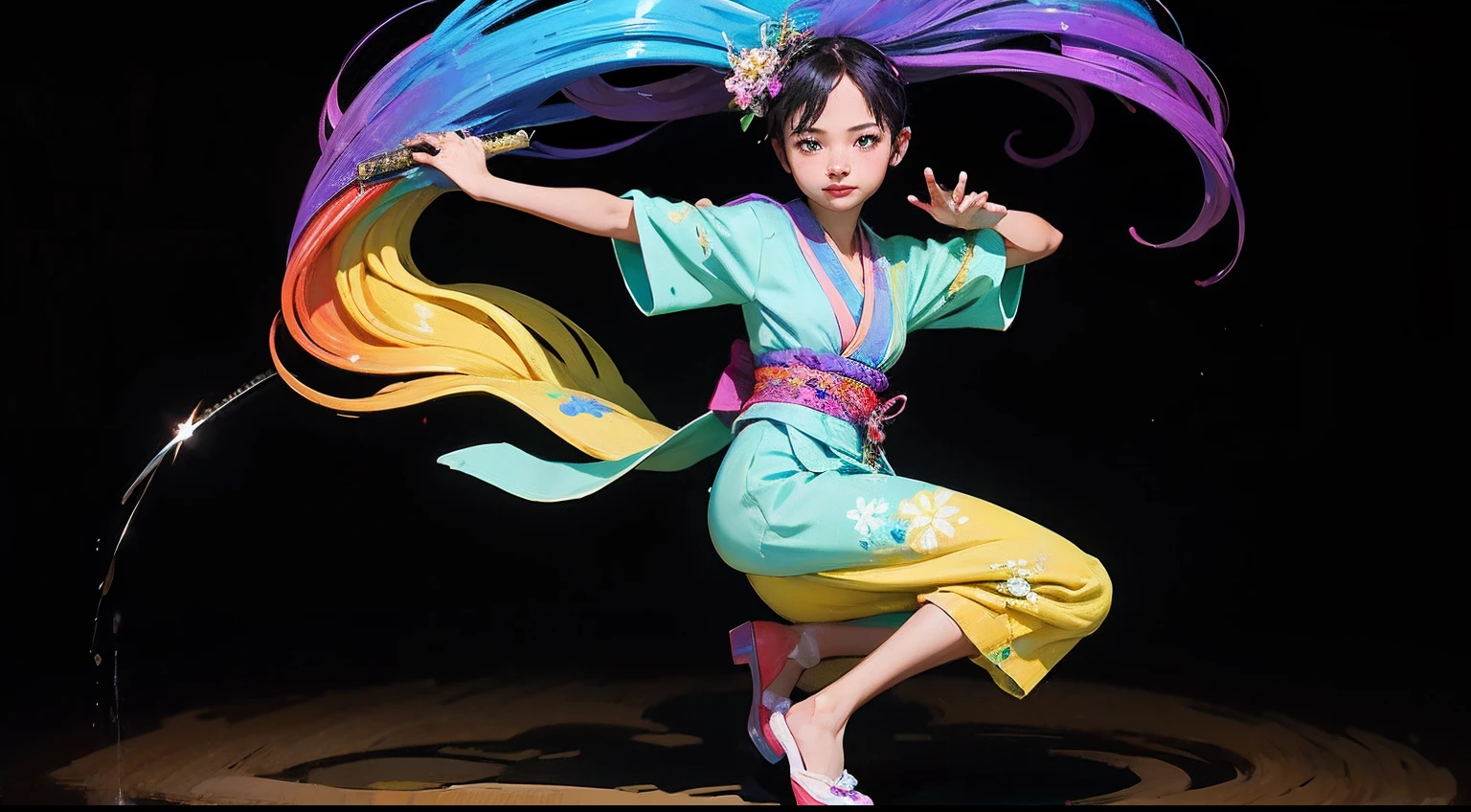 teens girl、Practice dancing with a sword、Fine pattern Japan sword、full body Esbian、ultradetailed eyes、Rainbow painting drops、Full Paint、Splash、Long color hair、Paint Kimono、Super luxury kimono、Rainbow Paint Kimono、（hair adornments、耳Nipple Ring、Floral hair ornament、butterfly hair ornament）、Sword Practice
