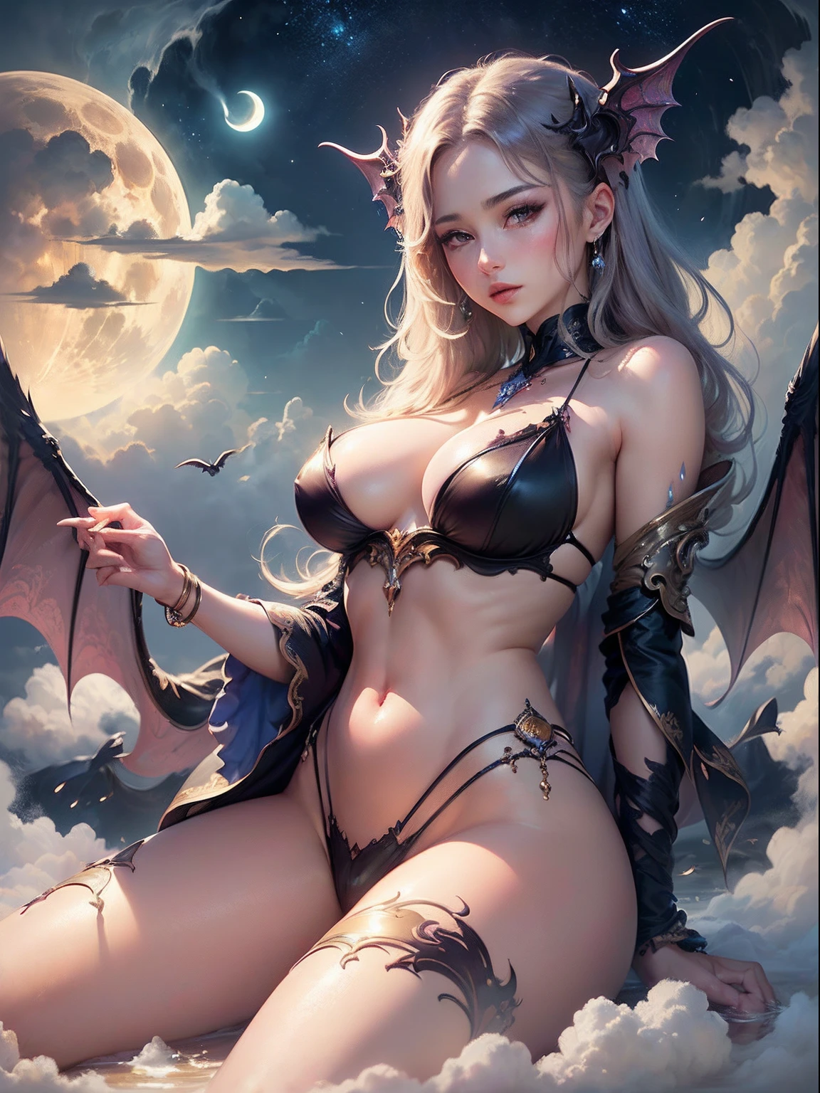 SEX、A sexy、teats、Beautie、((masterpiece))、seductive succubus、Fantastic beauty、Float above the clouds、(fantasy illustrations:1.3)、Delicate wings、Otherworldly charm、mystical sky、Moon Night、Soft colors、(detailed cloudscape:1.3)、(hight resolution:1.2)