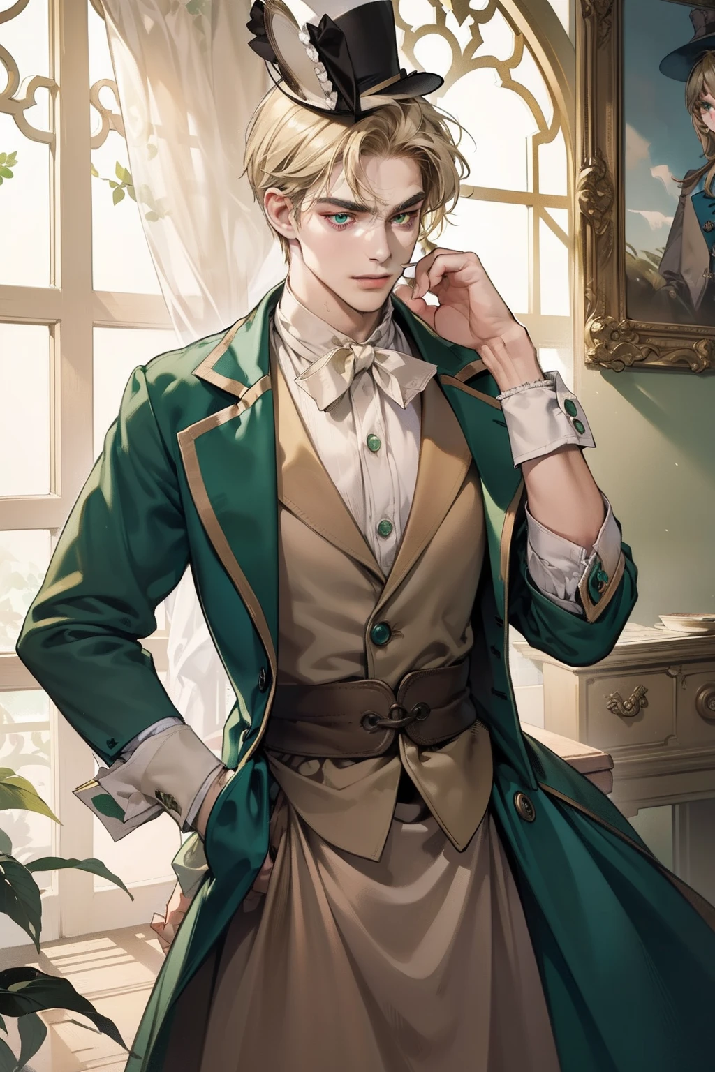 masterpiece, best quality, realistic, 1man, mature male, quiet and charming young man, 18 years old, look serious, closed mouth, portrait, extremely detailed face, smirk, ((dark green eyes)), ((short-side-swept sandy blonde hair)), [thick eyebrows], town setting, (mad hatter outfit wit hat), (full body), (Alice in wonderland), mischievous