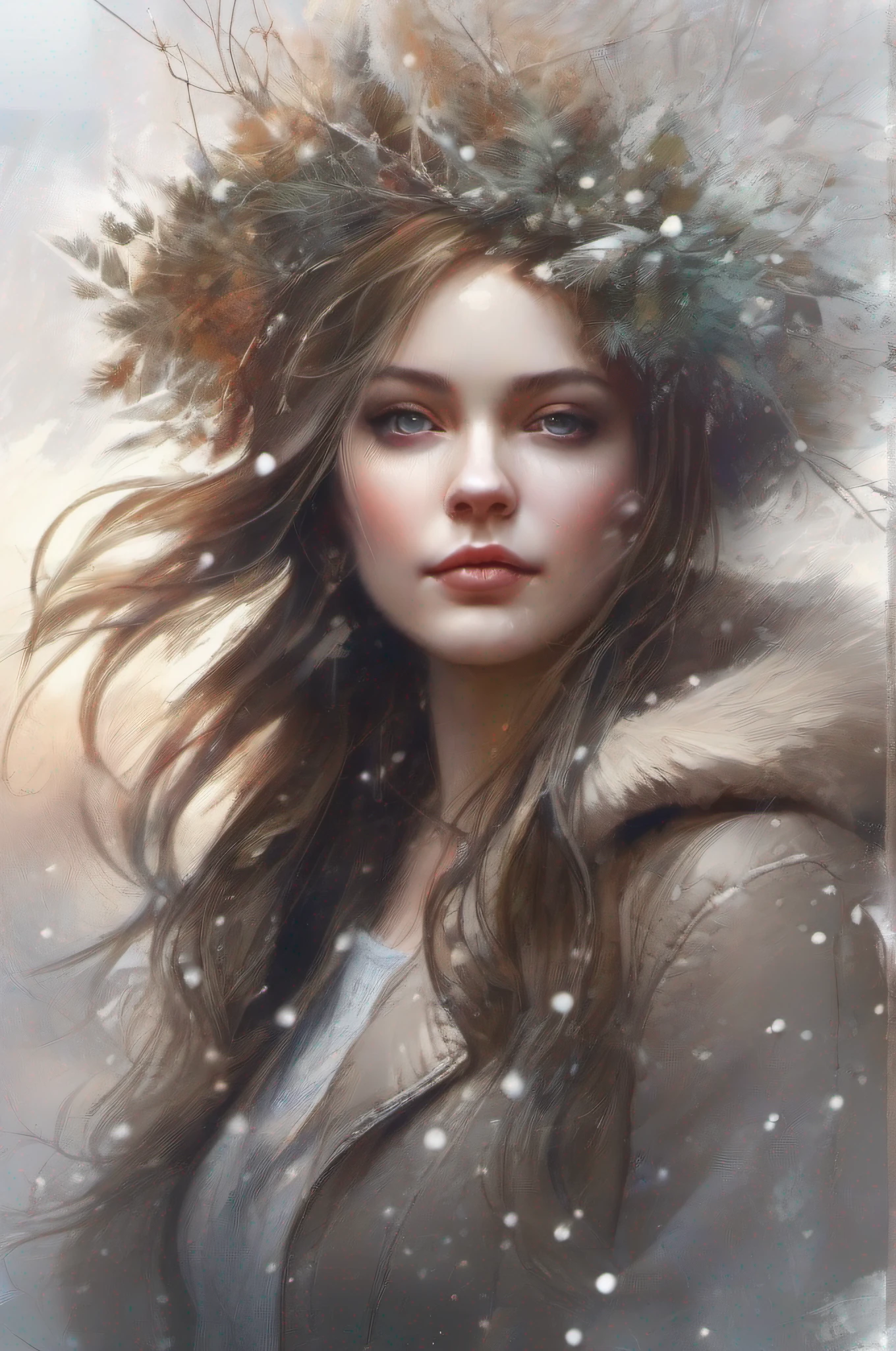 painting Portrait of a Woman.On his head is a wreath of snowflakes, winter. Pencil sketches by Krzysztof Łukasiewicz,
Creativity of Razumov and Voloegov, fascinating, Full color, Full-size beautiful women's sticker, highly detailed beautiful face, freedom, showering, digital illustration art, approaching perfection, dynamic, Highly detailed, watercolour, Artstation, Concept art, Smooth.
sharp-focus, illustrations in the style of such artists, as Russ Mills, sakimichan, WLOP, loish,
artgerm, Darek Zabrotzky and Jean-Baptiste Monge