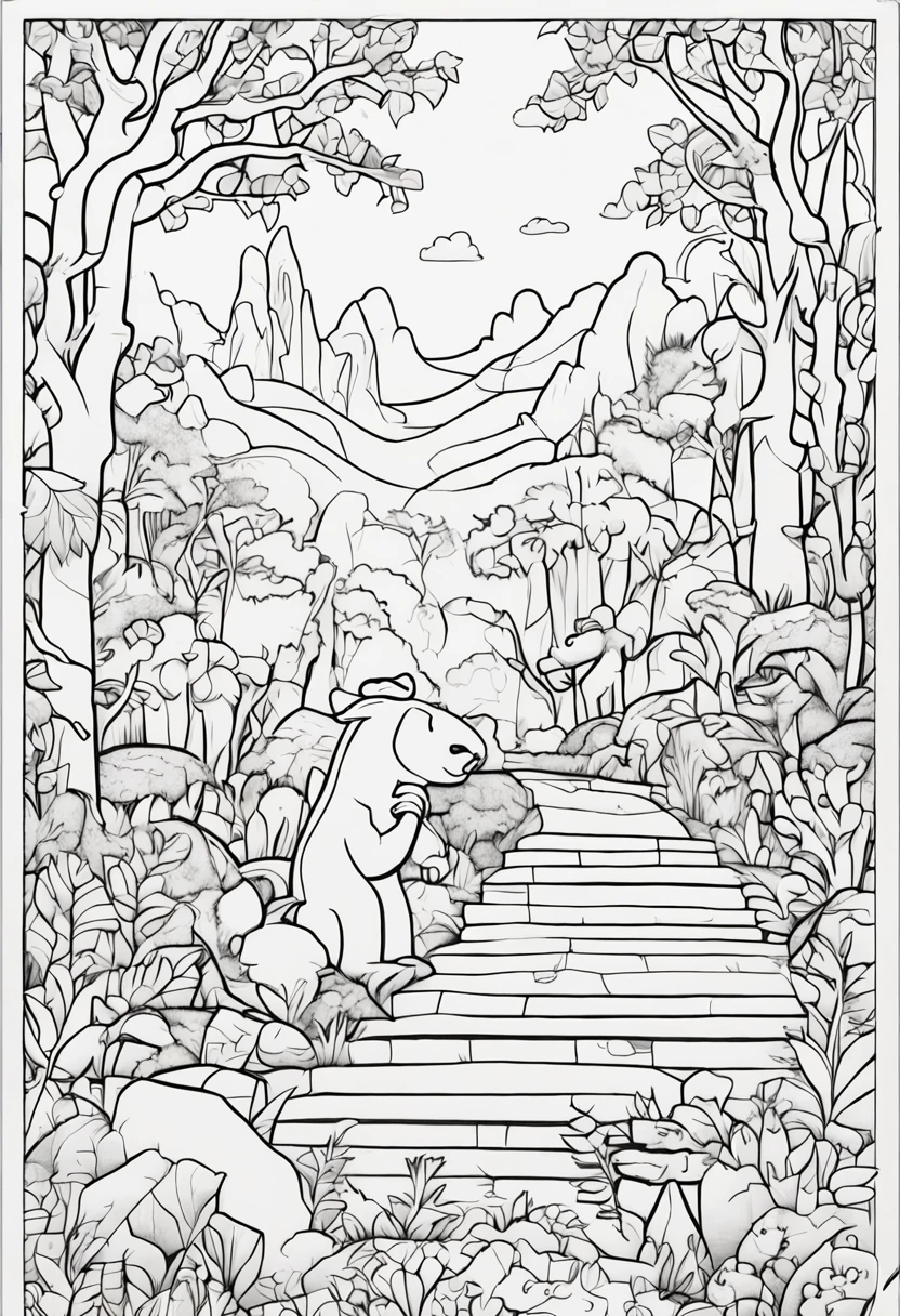 Coloring book of statues in the forest,Cartoon style,thickline,color no,white backgrounid,Dash only