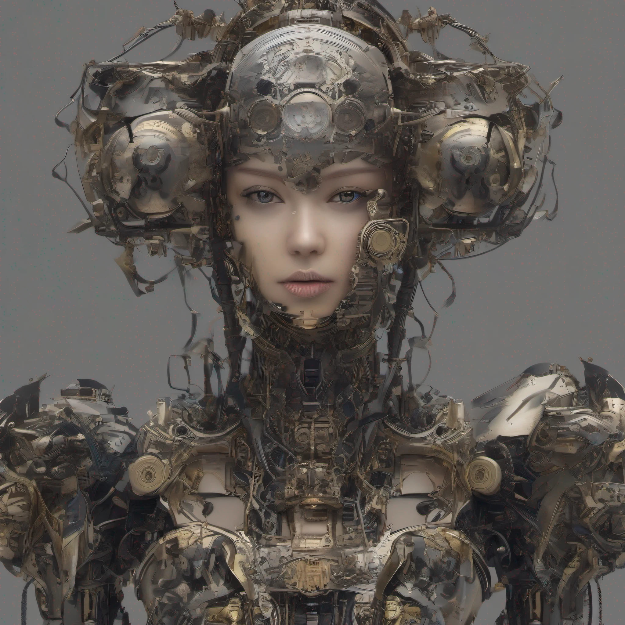 zhongfenghua, (foto RAW, melhor qualidade), (realista, foto-realista: 1.3), extremamente delicado e belo, Awesome, finamente detalhe, obra-prima, ultra-detalhado, highres, best illustration, melhor sombra, intrincado, profundidade de campo, (lighting dramatic: 1.4), (de cima: 1.2), foco nítido, Volumetric mist, 8k UHD, DSLR, alta qualidade, (grain of film: 1.4), Fujifilm XT3, corpo inteiro, uma bela jovem vestindo casaco de trincheira preto, half human half robot face, ((1 robot,1 robot,Mechanical Coast,Mechanical column))| Monotonous metallic color, metal has no color, colorless robot, robot girl, metal mixing, ciborgue)), olhando para o espectador, frente voltada, postura de luta (Cabo: 1.2), (transmission tube: 1.2), (machine eye: 1.3), ((connection of the mechanical part)), ((both arms)|( complex mechanical component: