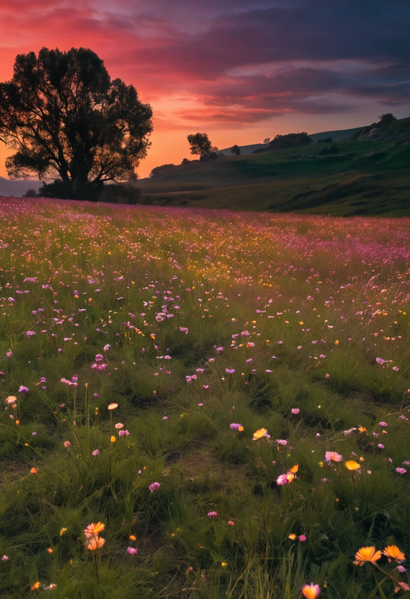 amanhecer, natureza, campos verdes com flores dandelion