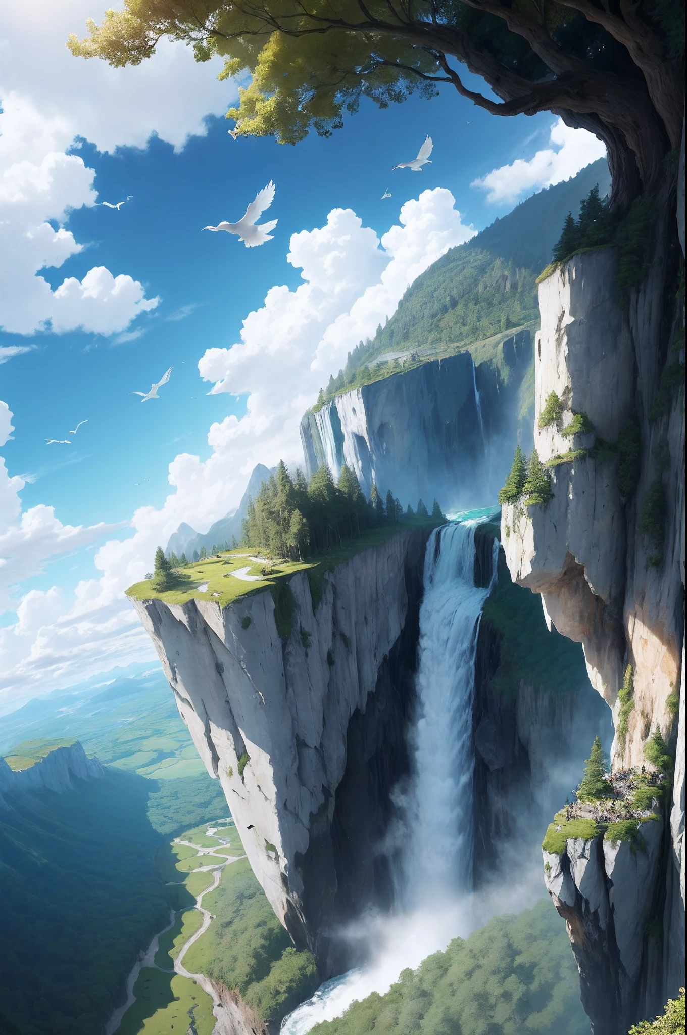 Flying on the cliff, above the very high waterfall, look down on the fluctuating pond, high sunlight, blue sky, white cloud, birds, forest, trees, 8K, masterpiece, best quality, high resolution, extremely full detailed