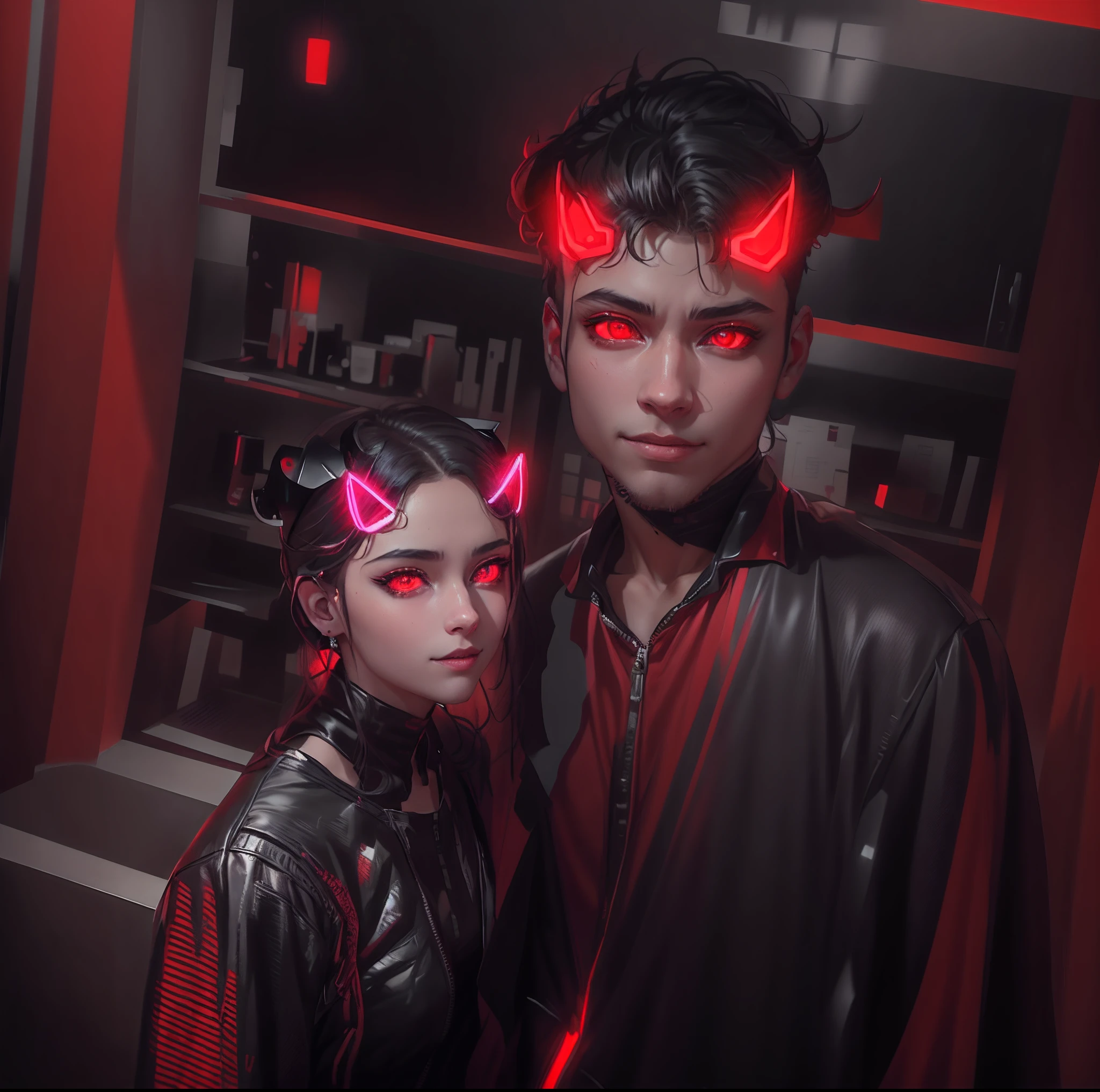 they are dressed up in costumes for a party, metal cat ears and glowing eyes, metal and glowing eyes, in cyberpunk style, horns and red eyes, with red glowing eyes, cyberpunk style ， hyperrealistic, hyper-realistic cyberpunk style, with glowing red eyes, artwork in the style of guweiz, with glowing eyes, bright demonic glowing eyes, red glowing eyes