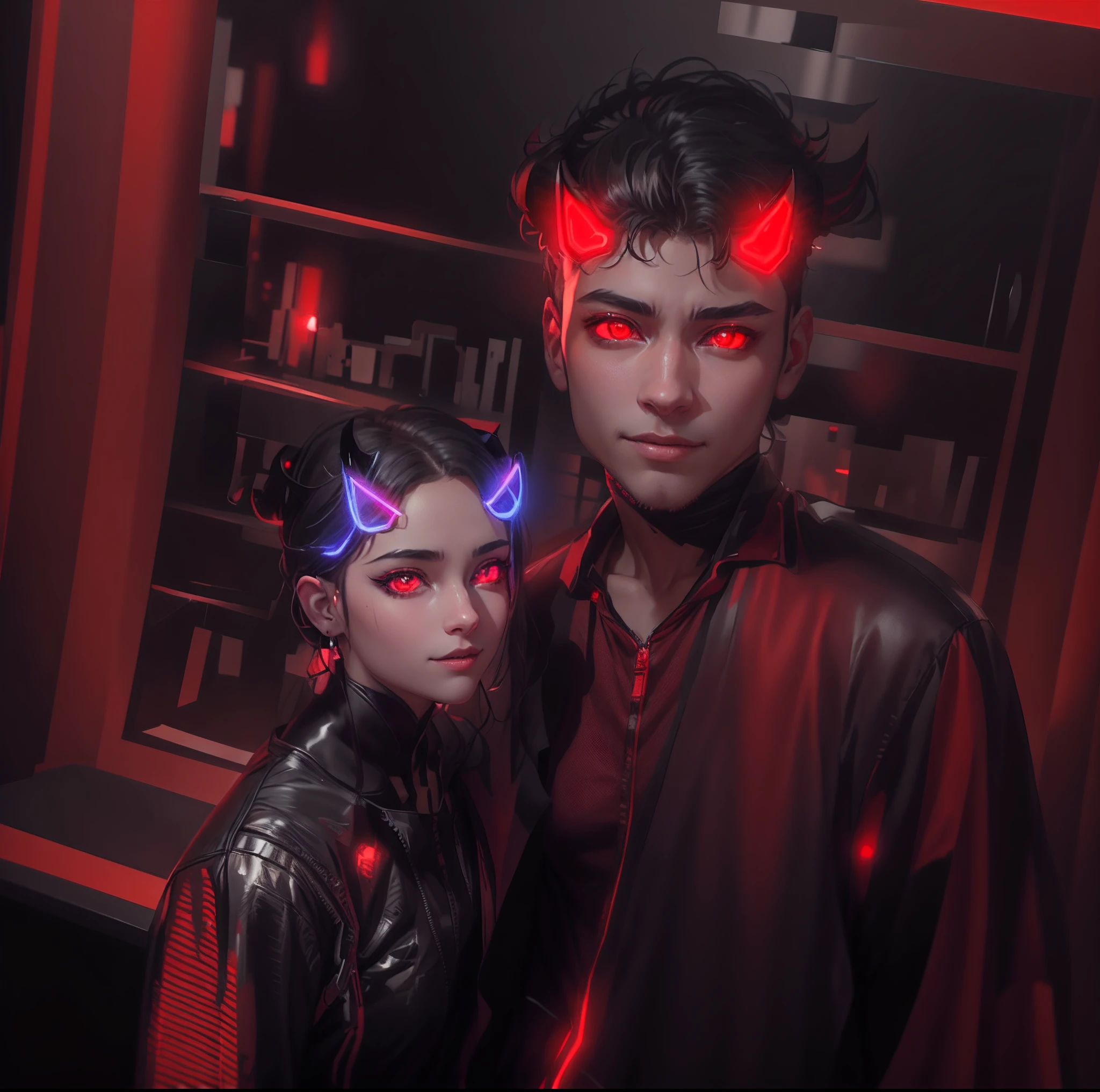 they are dressed up in costumes for a party, metal cat ears and glowing eyes, metal and glowing eyes, in cyberpunk style, horns and red eyes, with red glowing eyes, cyberpunk style ， hyperrealistic, hyper-realistic cyberpunk style, with glowing red eyes, artwork in the style of guweiz, with glowing eyes, bright demonic glowing eyes, red glowing eyes