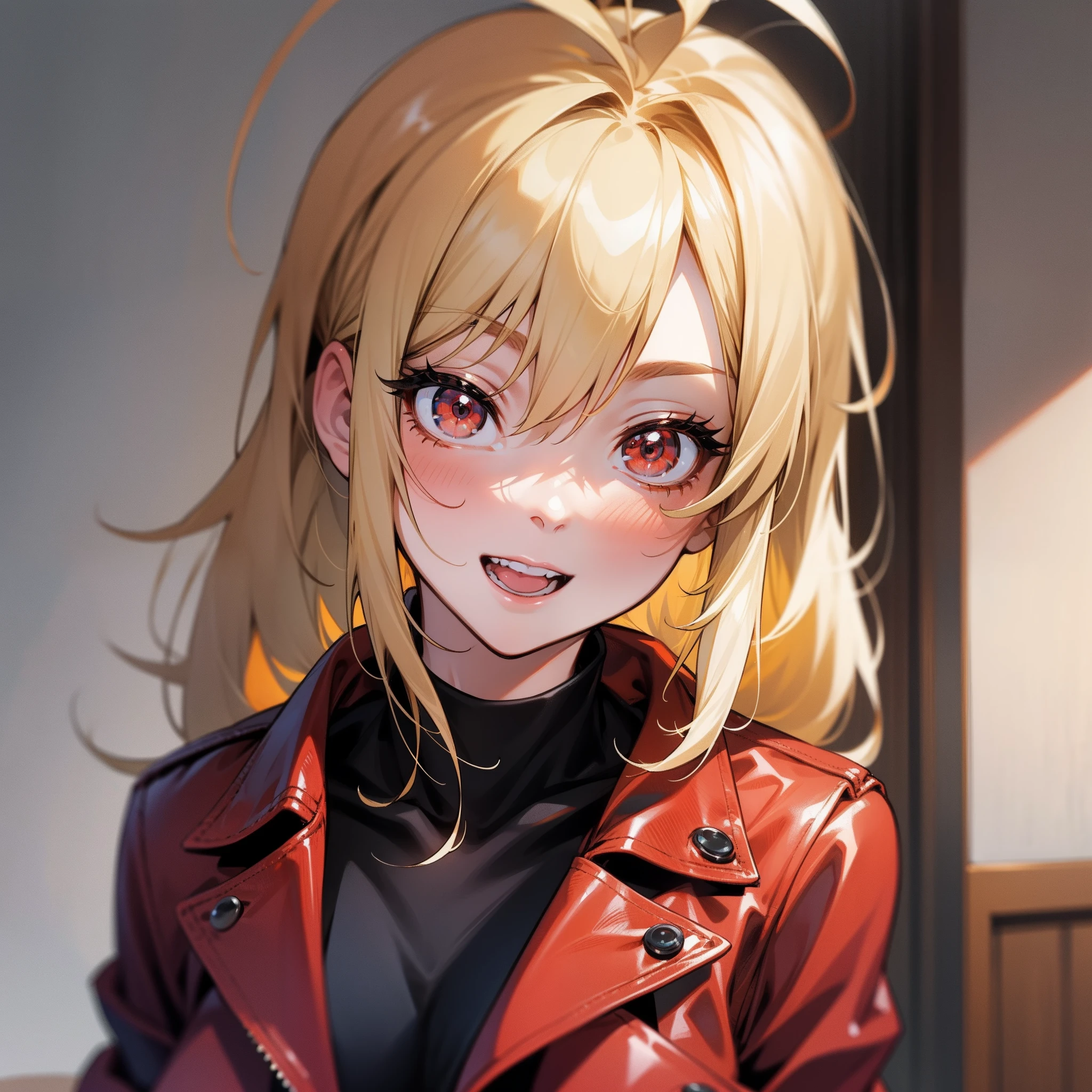 One girl、Sen-chan、Lustrous blonde hair、long、poneyTail、Red eyes full of joy、Ahoge、Wearing a red leather jacket、Inside the jacket is wearing a black sports bikini、up close shot、Intimate portrait composition