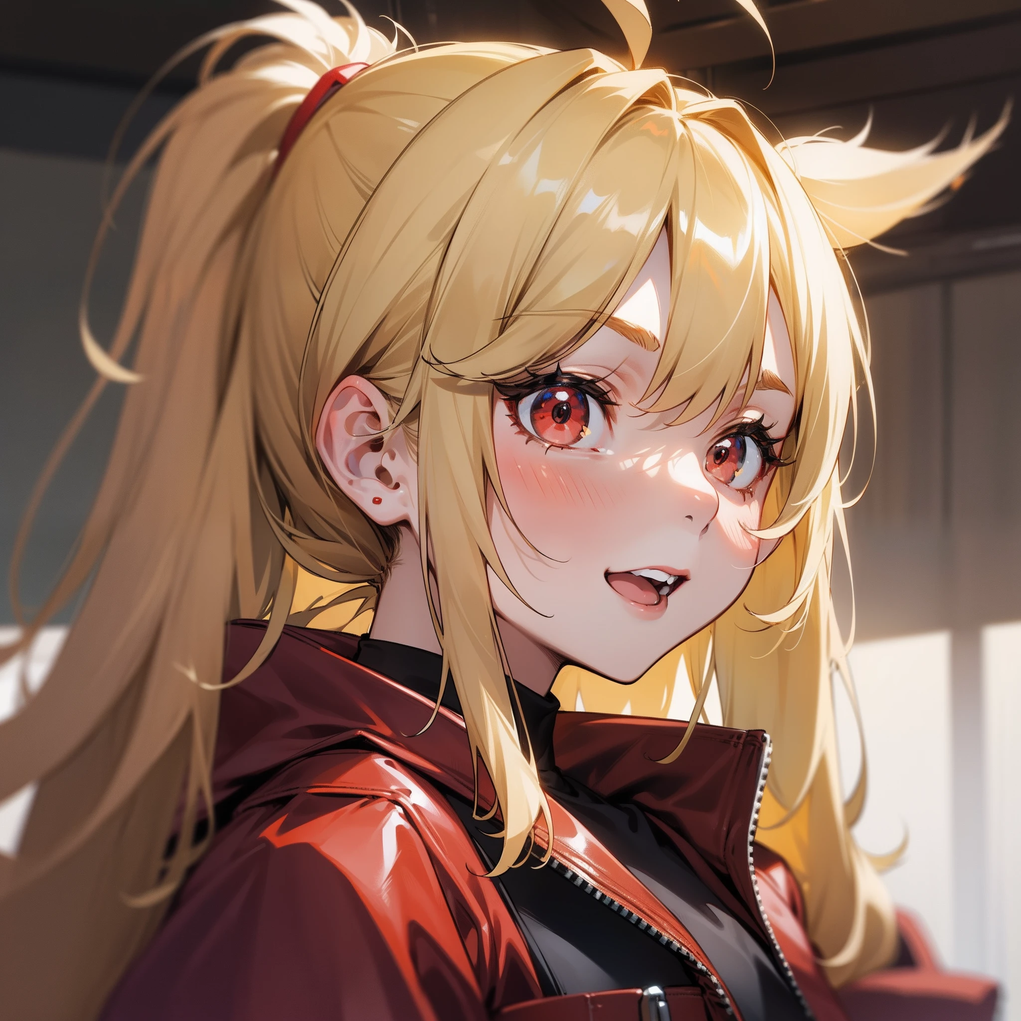 One girl、Sen-chan、Lustrous blonde hair、long、poneyTail、Red eyes full of joy、Ahoge、Wearing a red leather jacket、Inside the jacket is wearing a black sports bikini、up close shot、Intimate portrait composition