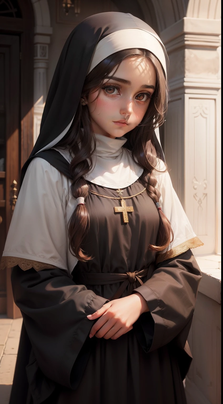 oil painted, Parsuna, pretty, Modest, Shy, Serious girl with long brown hair, brown eye, looking at the camera, Slavic appearance, novice nun, Soulful face, In the temple, soft light, high quality textures, higly detailed, canvas texture, realistness