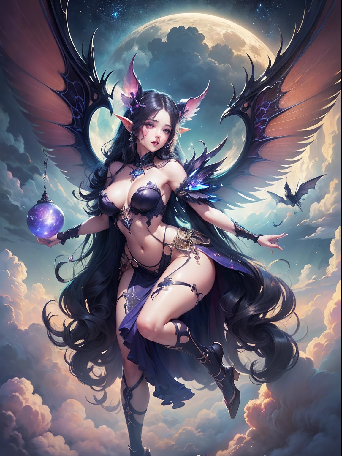 SEX、A sexy、teats、Beautie、((masterpiece))、seductive succubus、Fantastic beauty、Float above the clouds、(fantasy illustrations:1.3)、Delicate wings、Otherworldly charm、mystical sky、Moon Night、Soft colors、(detailed cloudscape:1.3)、(hight resolution:1.2)
