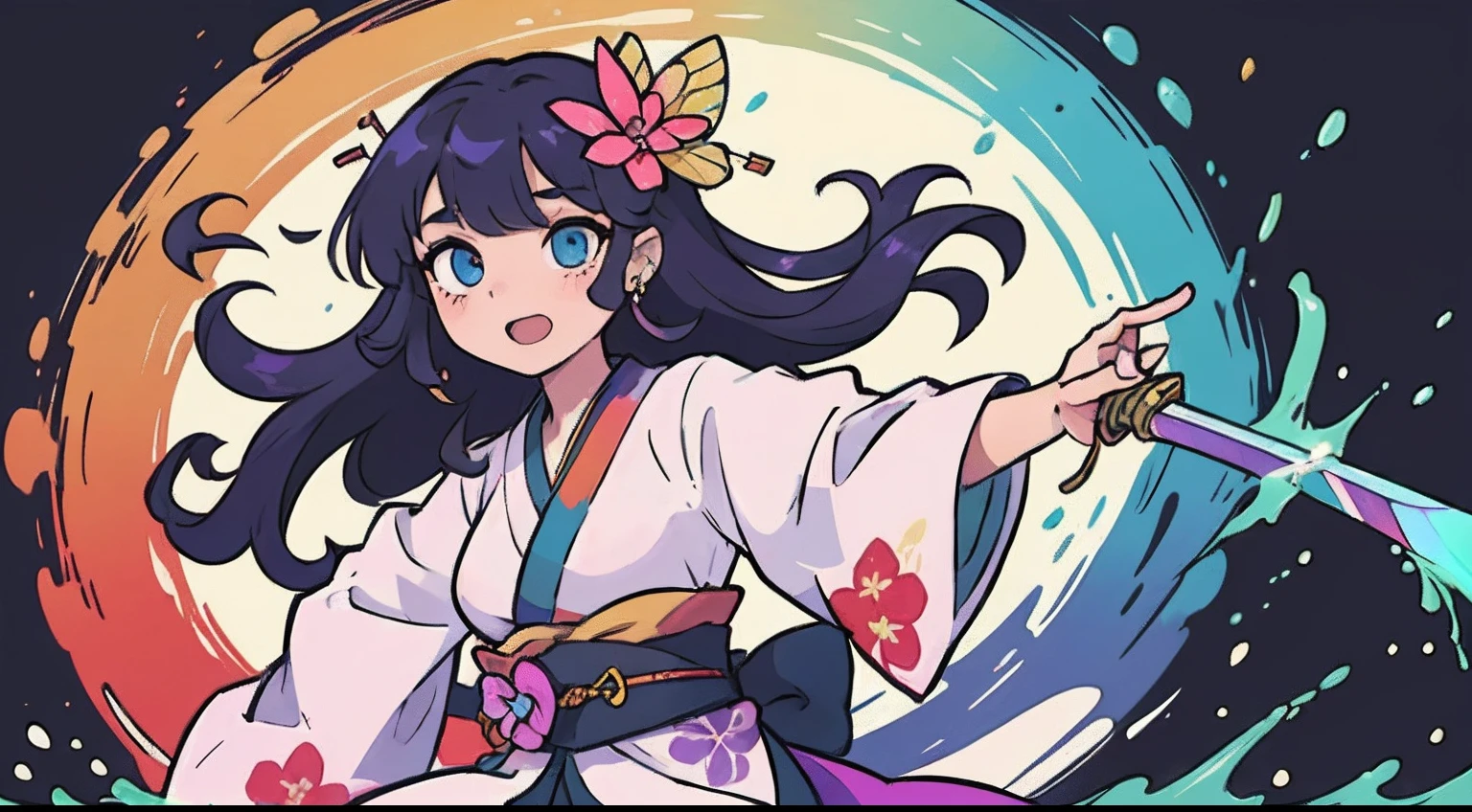 teens girl、Practice dancing with a sword、Fine pattern Japan sword、full body Esbian、ultradetailed eyes、Rainbow painting drops、Full Paint、Splash、Long color hair、Paint Kimono、Super luxury kimono、Rainbow Paint Kimono、(hair adornments、耳Nipple Ring、Floral hair ornament、butterfly hair ornament)、Sword Practice