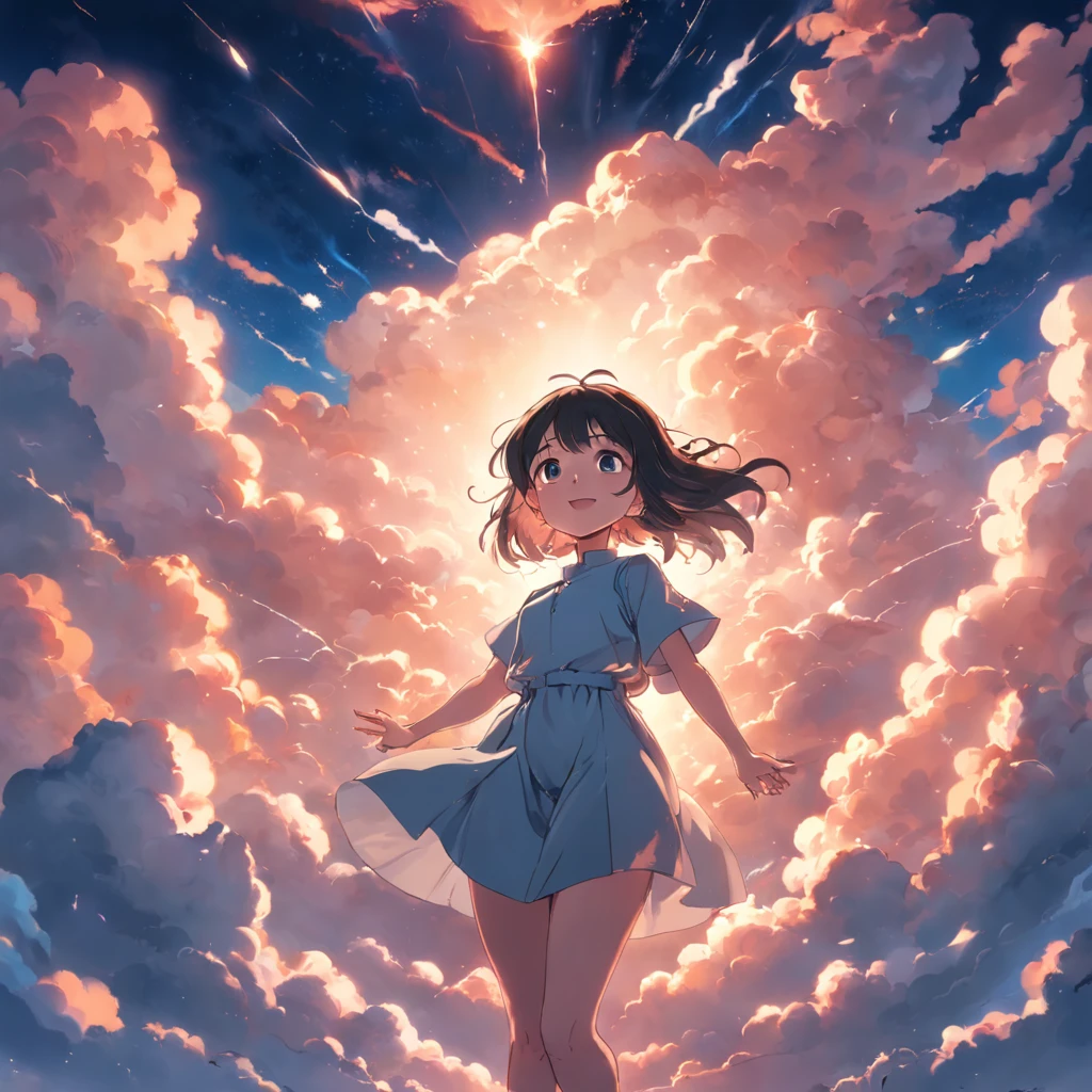 masterpiece, best quality, movie still, 1girl, cloud girl, floating in the sky, close-up, bright, happy, warm soft lighting, sunset, (sparks:0.7)