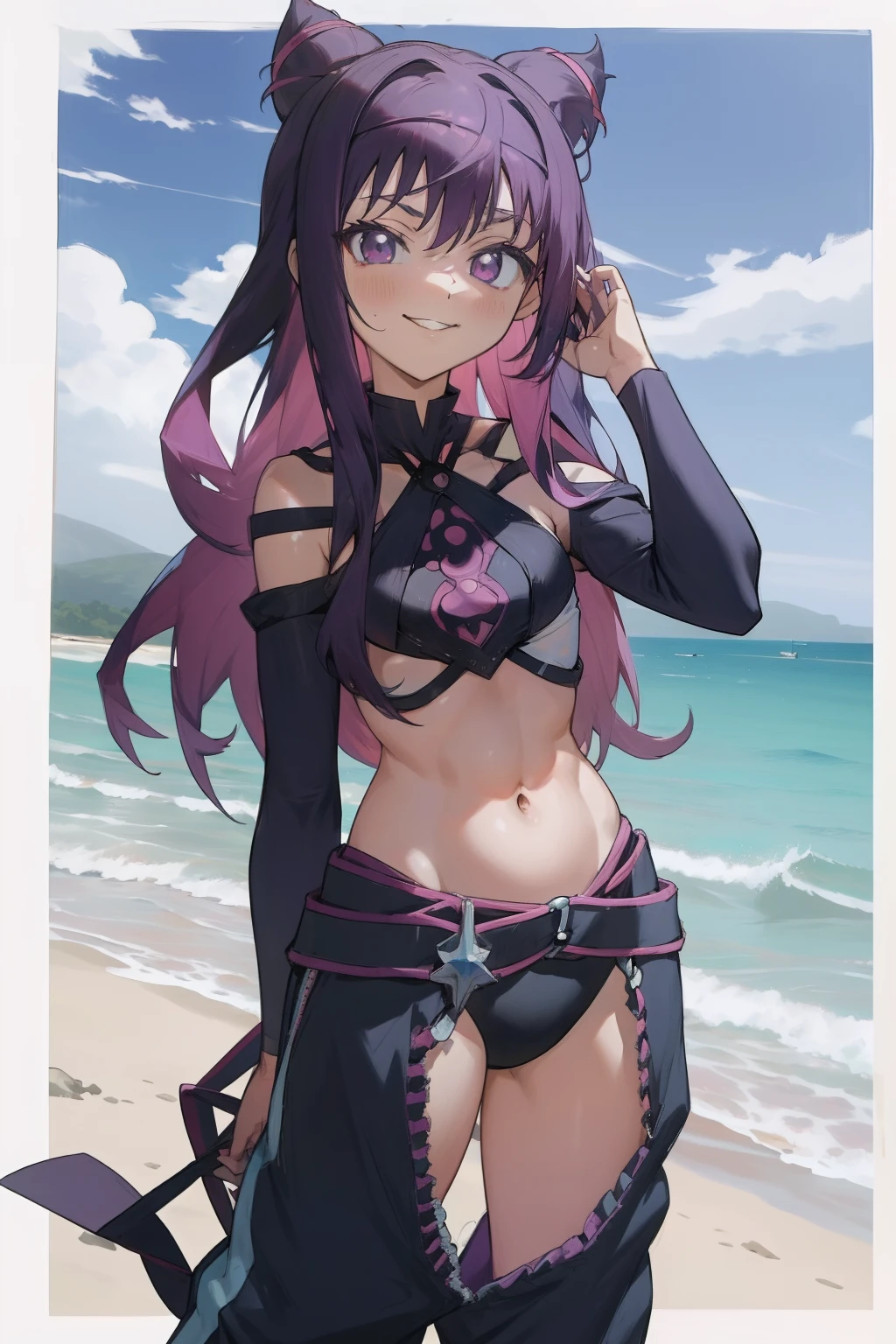 Crea una foto de Hyuuga Hinata, pechos gigantescos, pantalones cortos de jean, Parte superior blanca, purple hair, ruboroso, sonriente, chaqueta azul, en la playa, muslos gruesos, Cara hermosa, bonita sonrisa, ojos grandes, asymmetrical bangs, ligeramente tiene abdominales, small waist, Showing through the top, posando junto a una pared, Palmera de fondo con playa, solamente, 1girl, hermoso cielo y junto a ella crea a louise francoise le blanc de la valliere donde ambas se esten abrazando