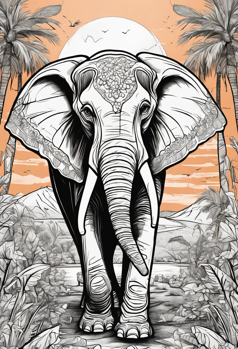 Savannah Elephant Coloring Book,Cartoon style,thickline,color no,white backgrounid,Dash only