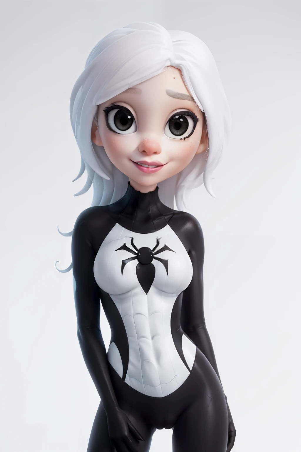 a white girl,whitebackground ,Close -up,big eyes,black lipstick,black makeup,Spider Gwen,Spider suit,adhesive suit