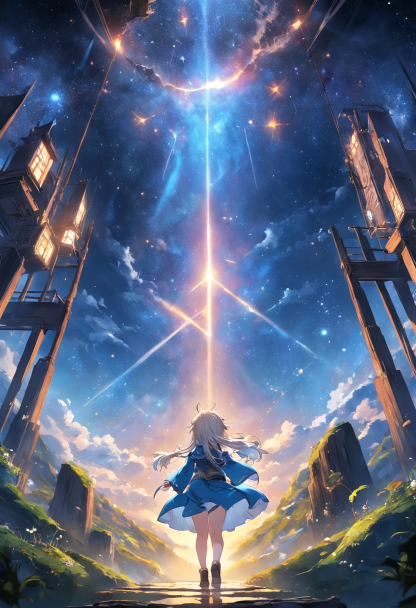 Vista distante、Paisagens、Ponto de Fuga、Outrageous resolution、alta resolução、ultra-detalhada、The top half is the sky、Below is the floor、Atmosfera Brilhante、fantasia、、、clearing blue sky、luz solar brilhando、muitas estrelas、beautiful lighting、clear lighting、soft lighting、Many bright magic lights、In the center is a dwarf、The Tale of the Dwarves Begins、His name is Dwarfu