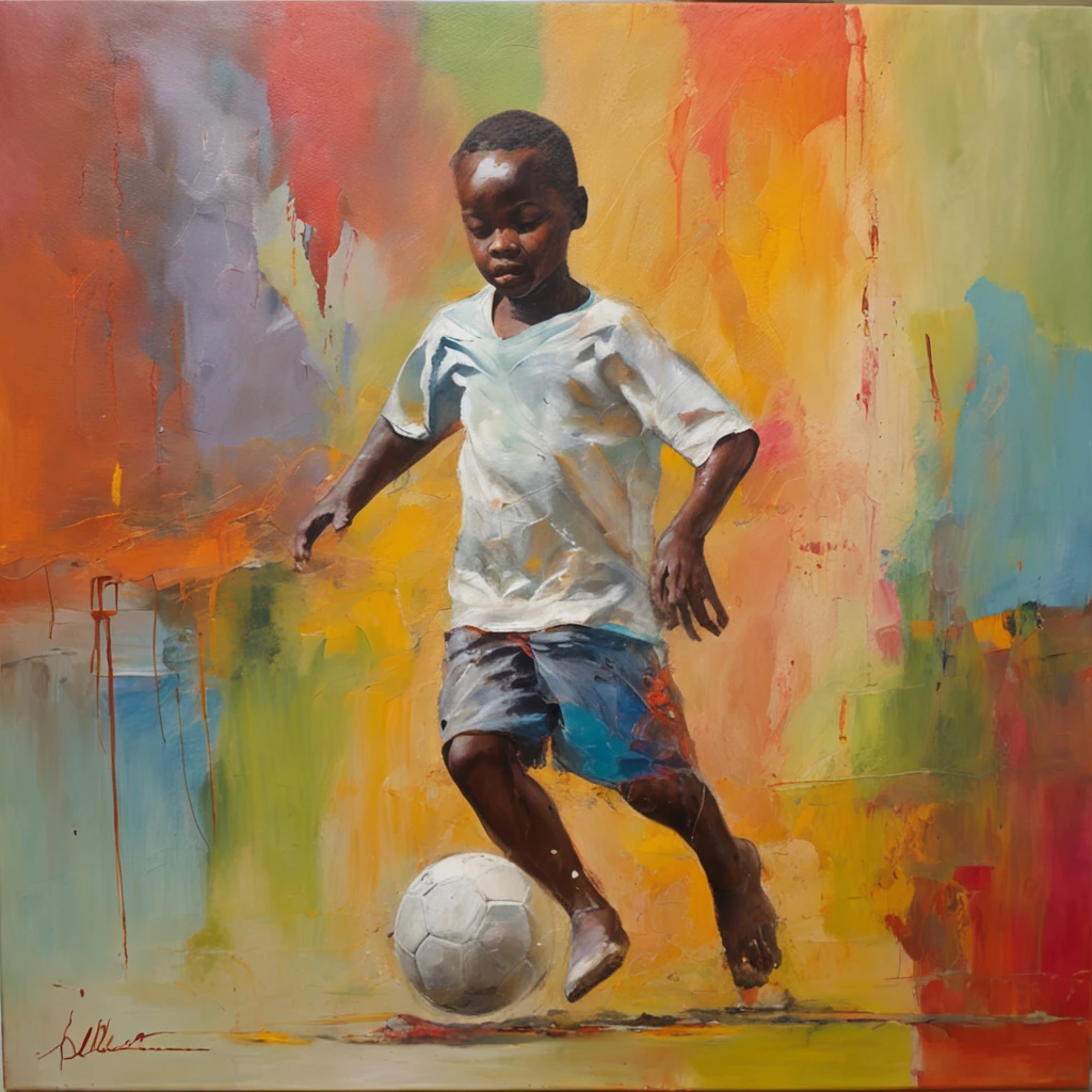 (a young boy playing soccer with great energy and skill)