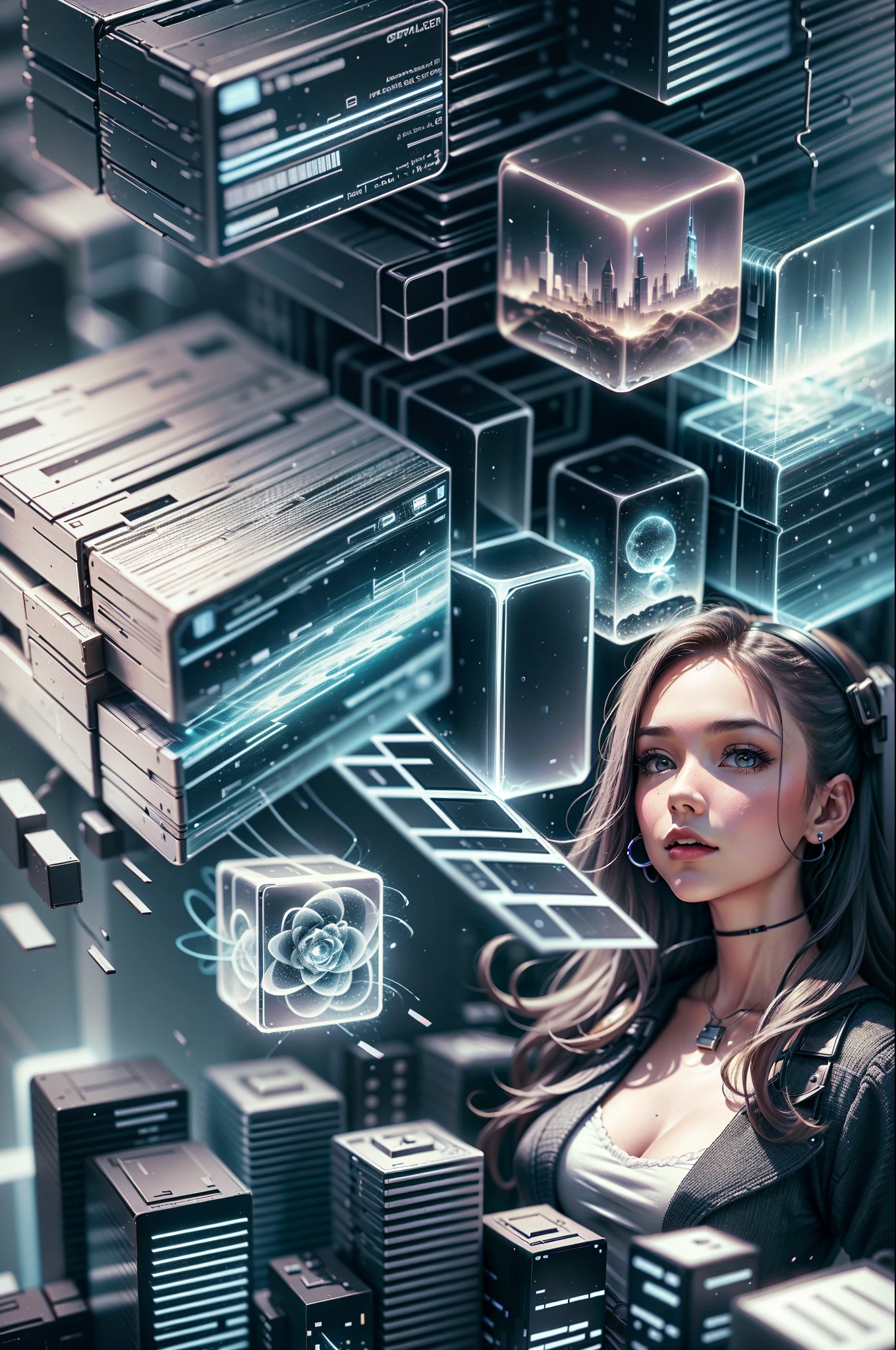 A modern city girl with multiple cubes of different sizes and colors floating around --auto --s2