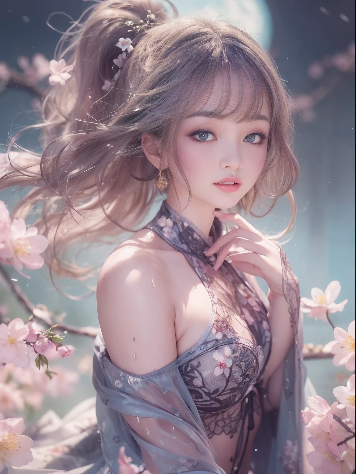 loose outfit、Show shoulders、Navel Ejection、How to wear a gown with a dark see-through halter neck broken、Decorated with intricate patterns and pastel colors、Transparent material that makes the skin shine、Artistic depiction of seductive woman in gown with wet thin cloth and transparent skin, Floral and fantastic pattern with flowing silky traditional see-through skin。Her dress draped elegantly around her curvaceous figure、Emphasizes her charming silhouette。She's a gentle fireworks night、Dynamic Posing、Sexy Posing、bathed in the soft glow of moonlight。The scene is、With a hint of mystery and sensuality、It exudes an ethereal dreamy atmosphere。The image style is、It incorporates a blend of watercolor and digital illustration techniques.、It makes you feel delicate beauty and charm。Soft moonlit lighting、Cast gentle highlights and shadows on her mesmerizing features。Dynamic Posing、Bold poses、The hand is somewhere、see -through、show through、A sexy、Wet hair、Wet、cherry trees、flower petals、cherryblossom、The cherry tree、Sakura blizzard、buried、Transparent skin、Wet clothes、Chest Pulling、Translucent clothes、Eau、nudde、garterbelts、fishnet tights、huge moon