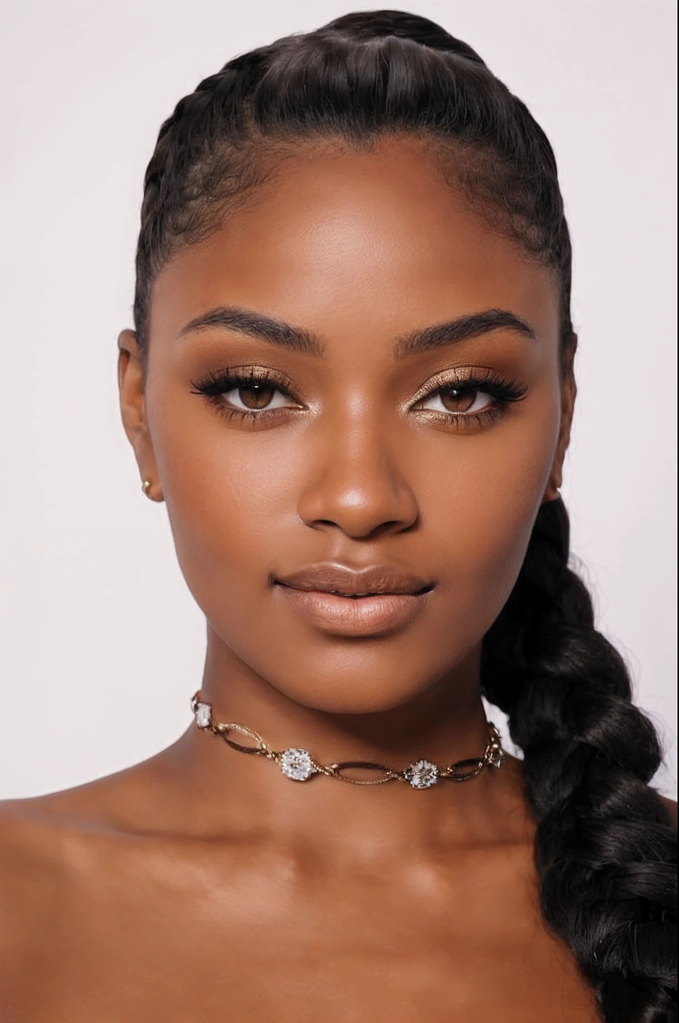a ultrarealistic(photorealistic) close up of a 19 year old woman with a braid in her hair, best quality, masterpiece, best quality, ultra-detailed, sexy face with full makeup, clear lips and high quality, with brown skin, detailed flawless face, wearing gold detailed choker, neck zoomed in from lips down, sultry look, wearing intricate black choker, smooth in _ the background, brown skin. light makeup, jeweled choker, steel choker,(look at viewer:1.2) (skin texture) (film grain:1.3
