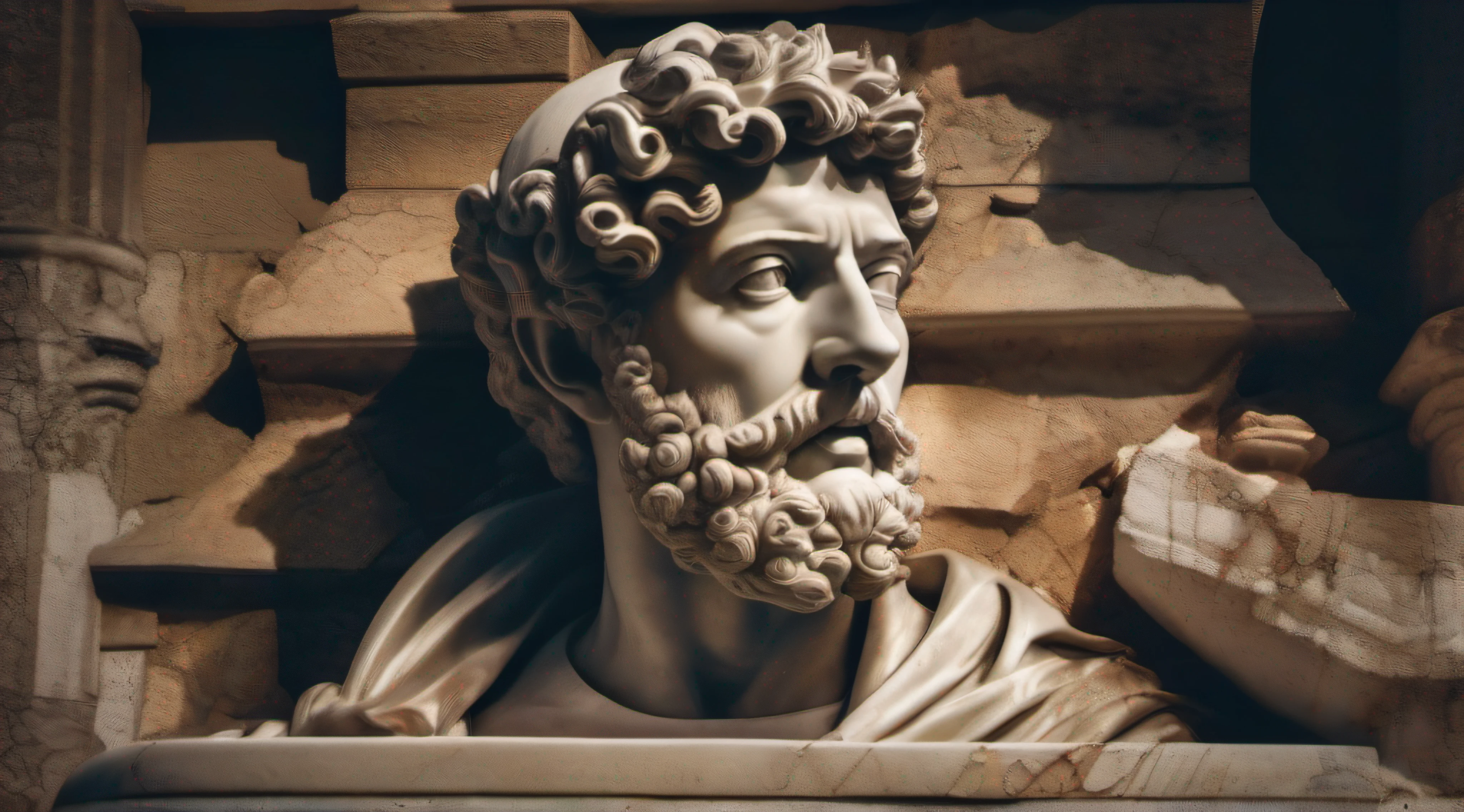 monumento, (Head Close-up), Epic dinner of Marcus Aurelius, in a destroyed place, cinematografia, epic light and shadow, muito contraste, fotografia profissional estilo Michelangelo