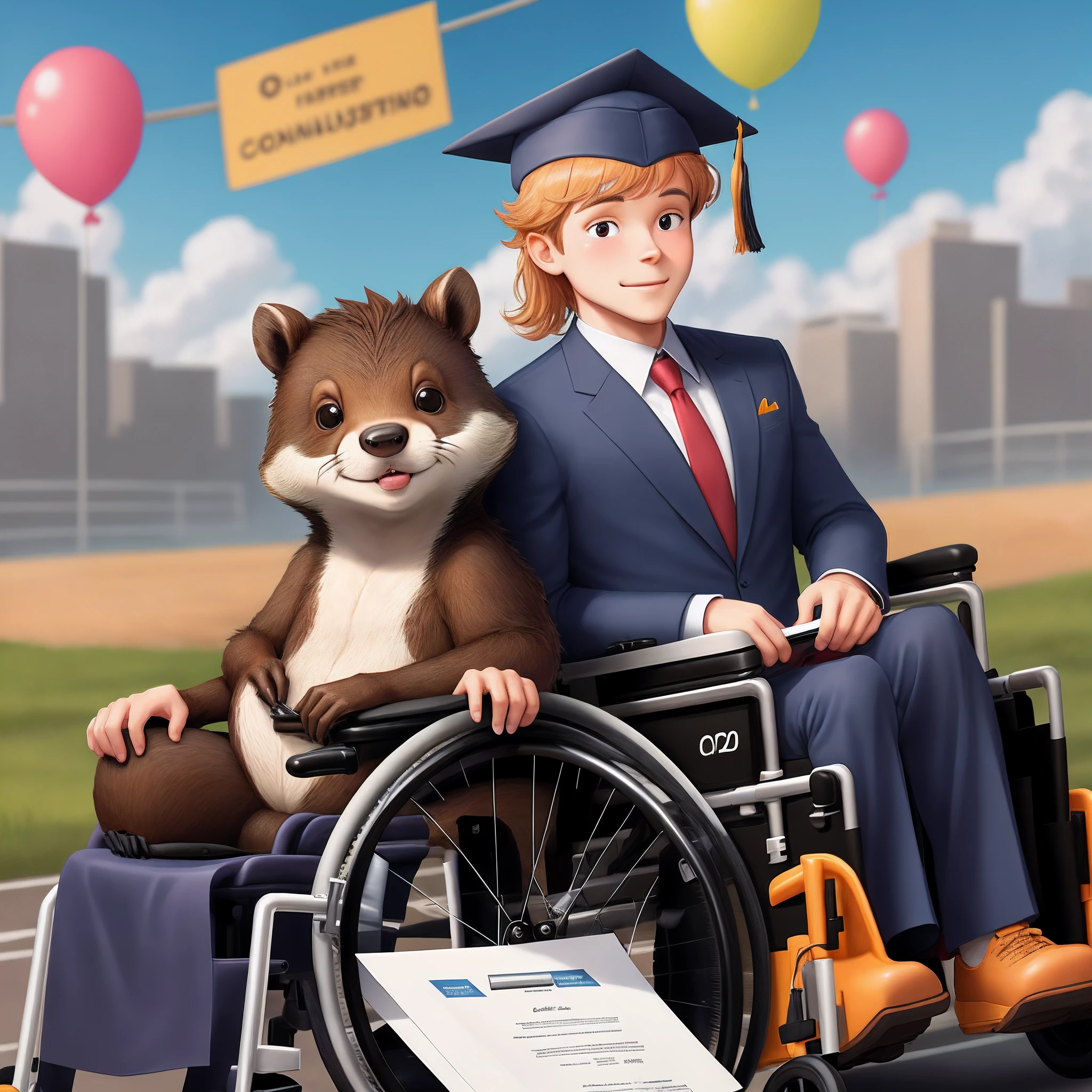 Cartoon representation of a beaver sitting in a high tech wheelchair with a graduation cap on his head, while holding a diploma in his hand.