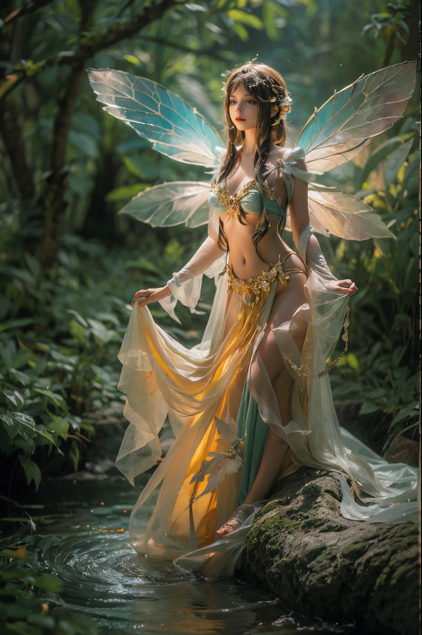 "A mesmerizing and enchanting depiction of a captivating 'Flower Fairy' cosplay poses in a pristine and magical woodland with a pond close to a waterfall setting, flowing gown. The fairy possesses an otherworldly beauty with ethereal wings, her graceful pose exuding a sense of wonder and magic. Let the colors come alive with a vivid and dreamlike atmosphere, drenched in soft sunlbeams and shimmering particles of pollen. Create a masterpiece capturing the essence of nature's enchantment and the mystical presence of the 'Flower Fairy'."