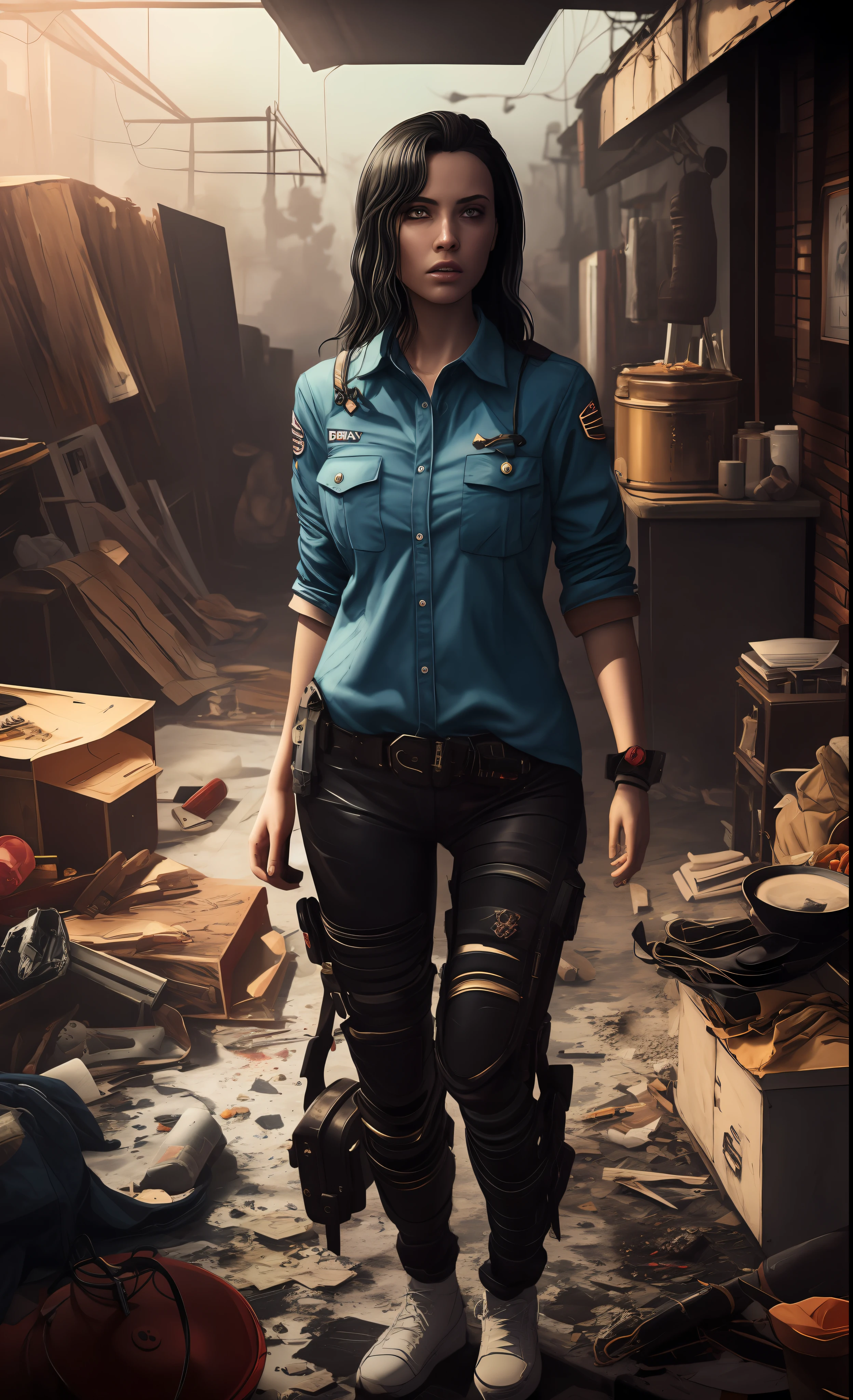 Dark and gloomy full-body 8K drive rendering, ciborgue adolescente feminino, cabelo azul, vestindo armadura de batalha quebrada, in cluttered and messy shack, action shot, camisa rasgada esfarrapada, pele rachada de porcelana, poros da pele, detailed intricate iris, very dark lighting, sombras pesadas, rosto detalhado e detalhado, ((Vibrando, Foto realista, realista, Dramatic, Escuro, foco nítido, 8k)), ::style futurista cyberpunk, Estilo realista, ::n_style pintura digital, deformed parts, rosto deformado, ((rosto feio)), ((deformed hands)),